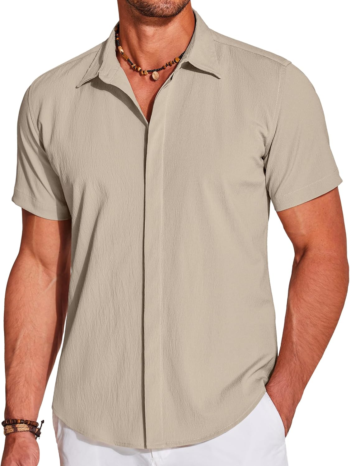 COOFANDY Men’s Casual Short Sleeve Button Down Summer Beach Shirt Lightweight Textured Wrinkle Free Stretch Shirts