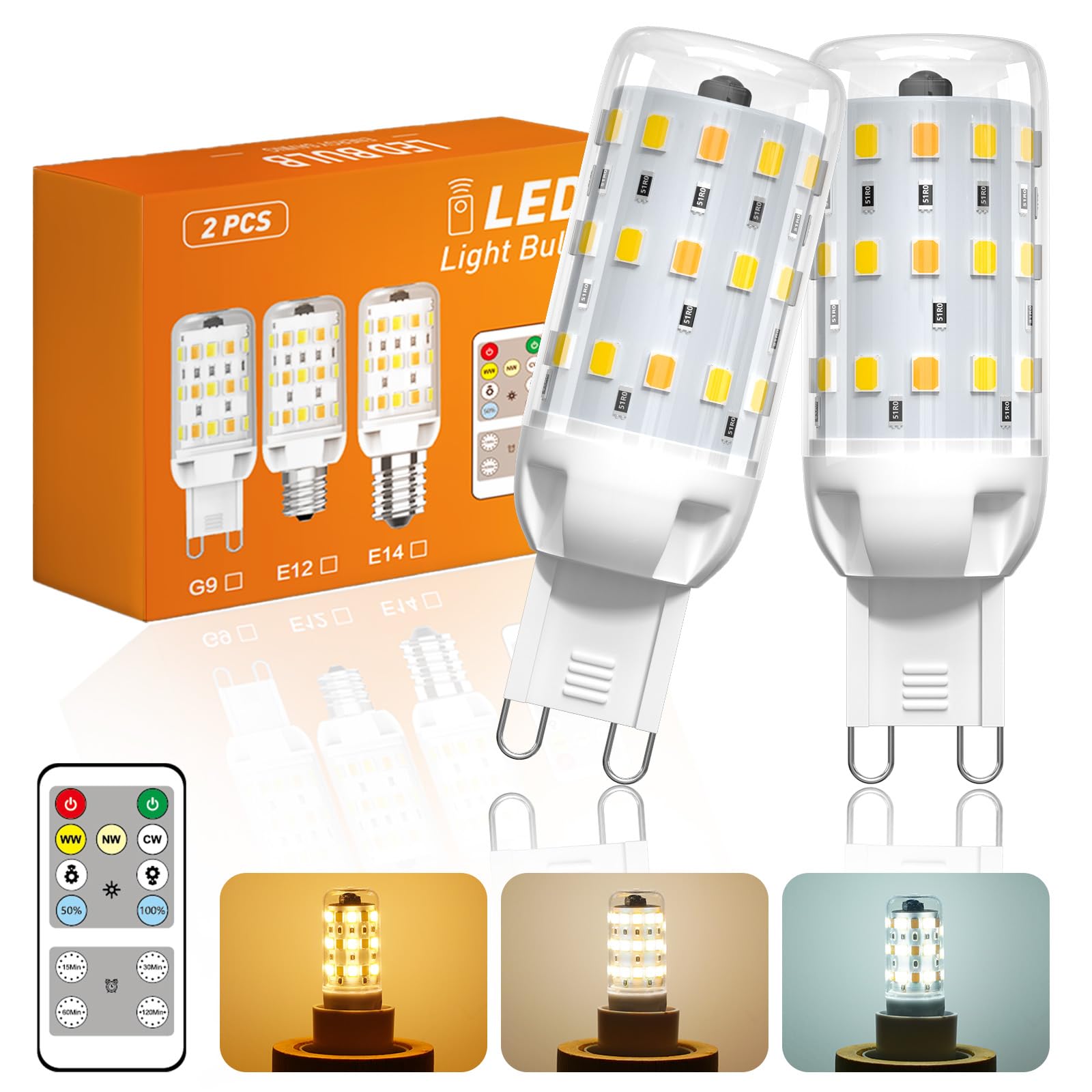 G9 LED Bulbs Dimmable 4W, G9 Light Bulb Warm White with Remote, 300LM, Equivalent 40W Halogen Bulb, 3 Colour Changing, 3000K/4000K/6000K, Small Corn Bulb for Chandelier, Desk Lamp, Floor Lamp, 2 Packs