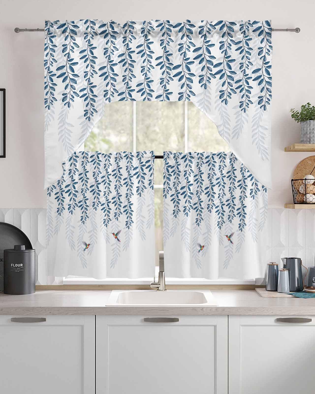 Spring Leaves Swag Curtains Valance and Tier Set, Seasonal Blue Botanical Birds Rod Pocket Curtain Drapes for Bedroom Bathroom Over Sink Kitchen Curtains 3 Piece Set Swag Valances and 24 inches Tiers