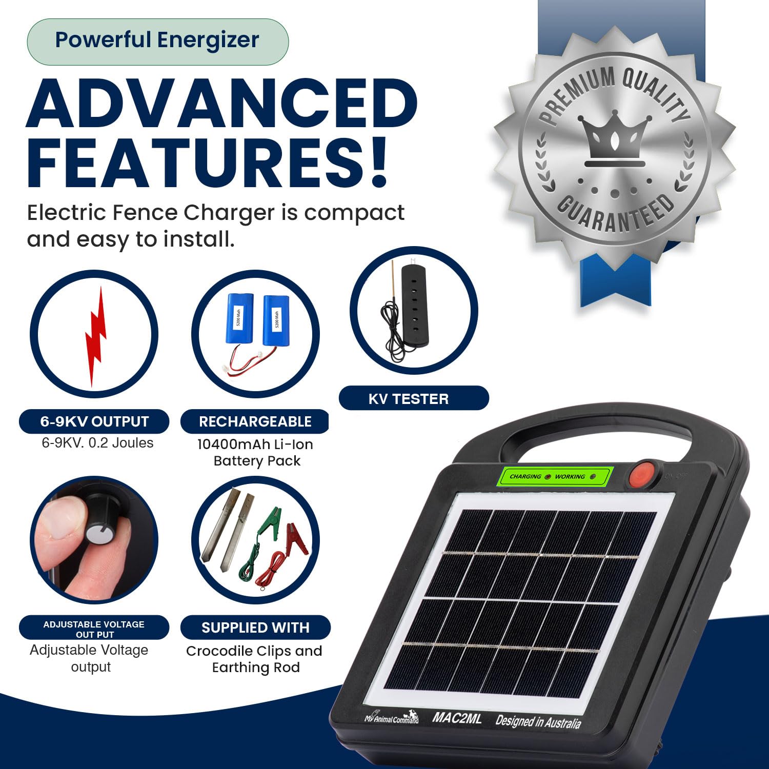 My Animal Command Cargador de valla eléctrico alimentado por energía solar de 0,2 julios de voltaje ajustable (6-9 KV) con batería de litio, contención energizante y protección de ganado, caballos