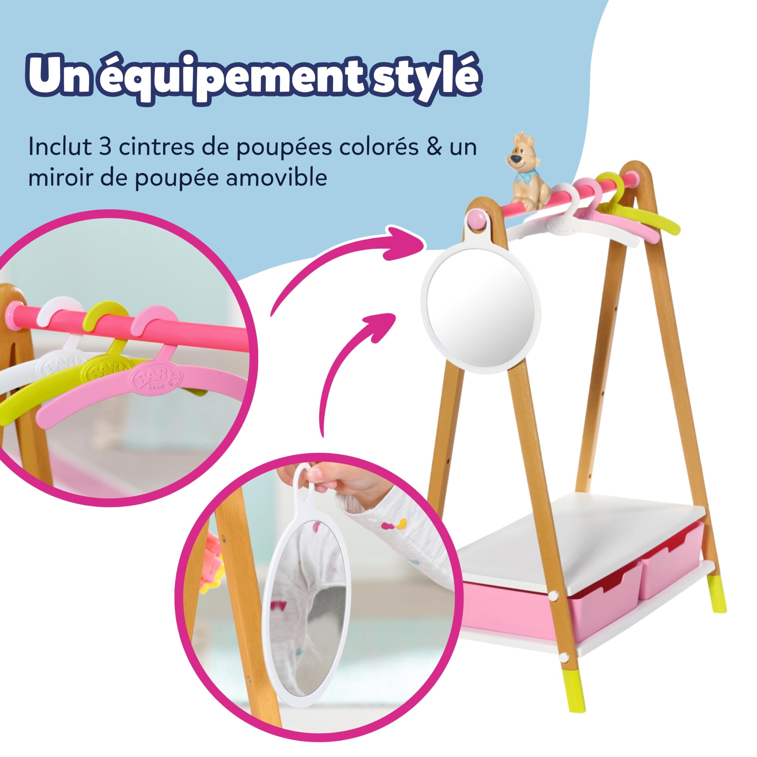 BABY born Tringle à vêtements - Portemanteau pour poupées Aspect Bois avec Miroir, tiroirs et cintres - Accessoires de Haute qualité pour poupées - Convient aux Enfants à partir de 3 Ans