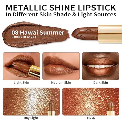 Miniatura 5 de Oulac Lápiz labial marrón oscuro para mujer con brillo metálico 3D fórmula hidratante ligera, color de labios de alto impacto, belleza vegana y sin