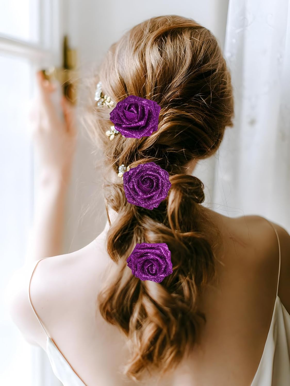 IPOPU Purple Glitter Roses Bouquet,30PCS Faux Sparkling Flowers 3.15" Artificial Roses with Stems for DIY Wedding Christmas Home Party Decor - Image 6