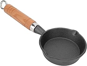 Frigideira de ferro fundido, mini panela de panqueca de fundo plano de 4 polegadas, panela de ferro fundido com cabo de madeira, panelas de omelete para acampamento portátil para fogão a gás