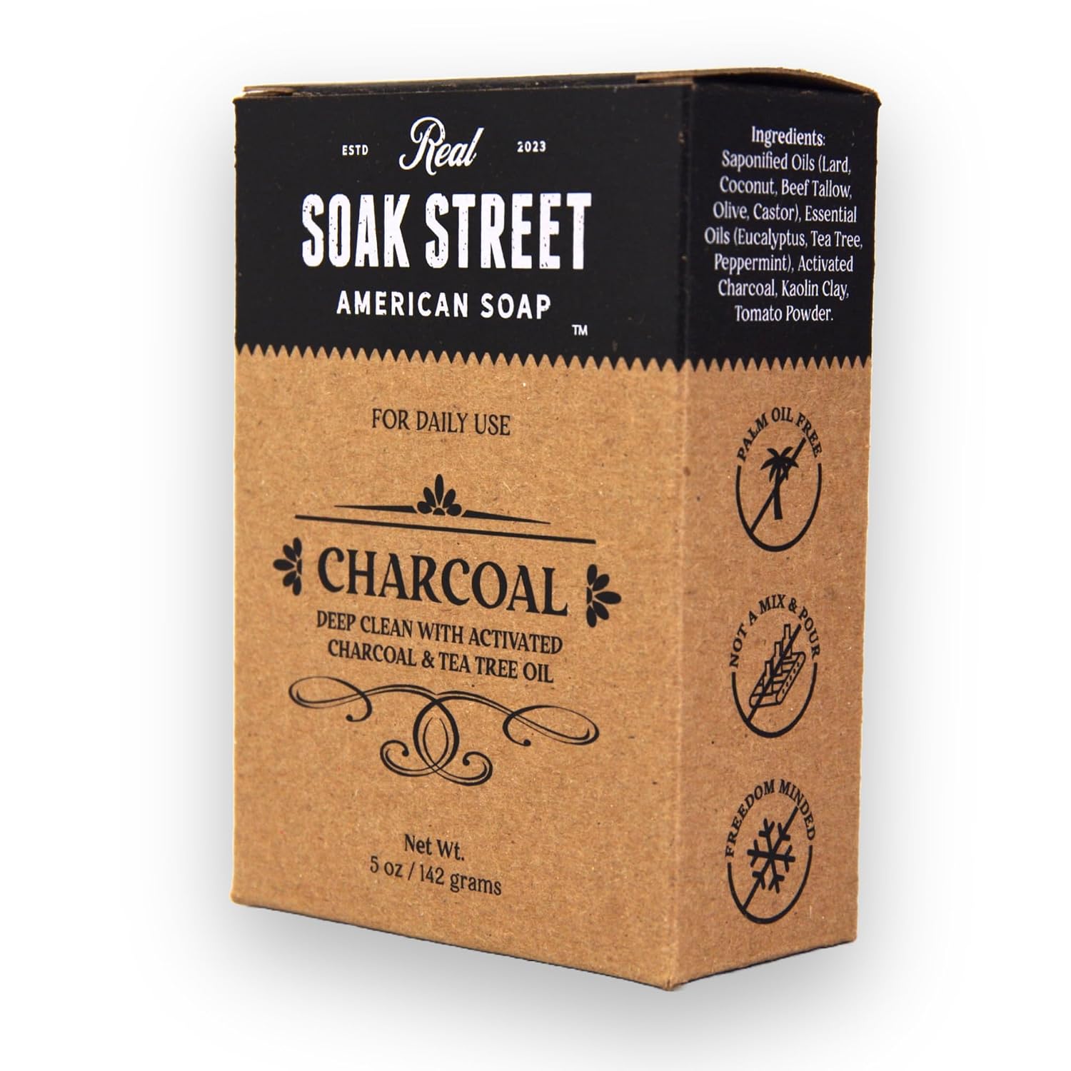 Real American Soap with Activated Charcoal & Tea Tree Oil (3 Pack) – Long-Lasting, Moisturizing Natural Bar Soap with Grass Fed Tallow, Gentle Conditioning Lard, & Coconut Oil – Daily Use image 2