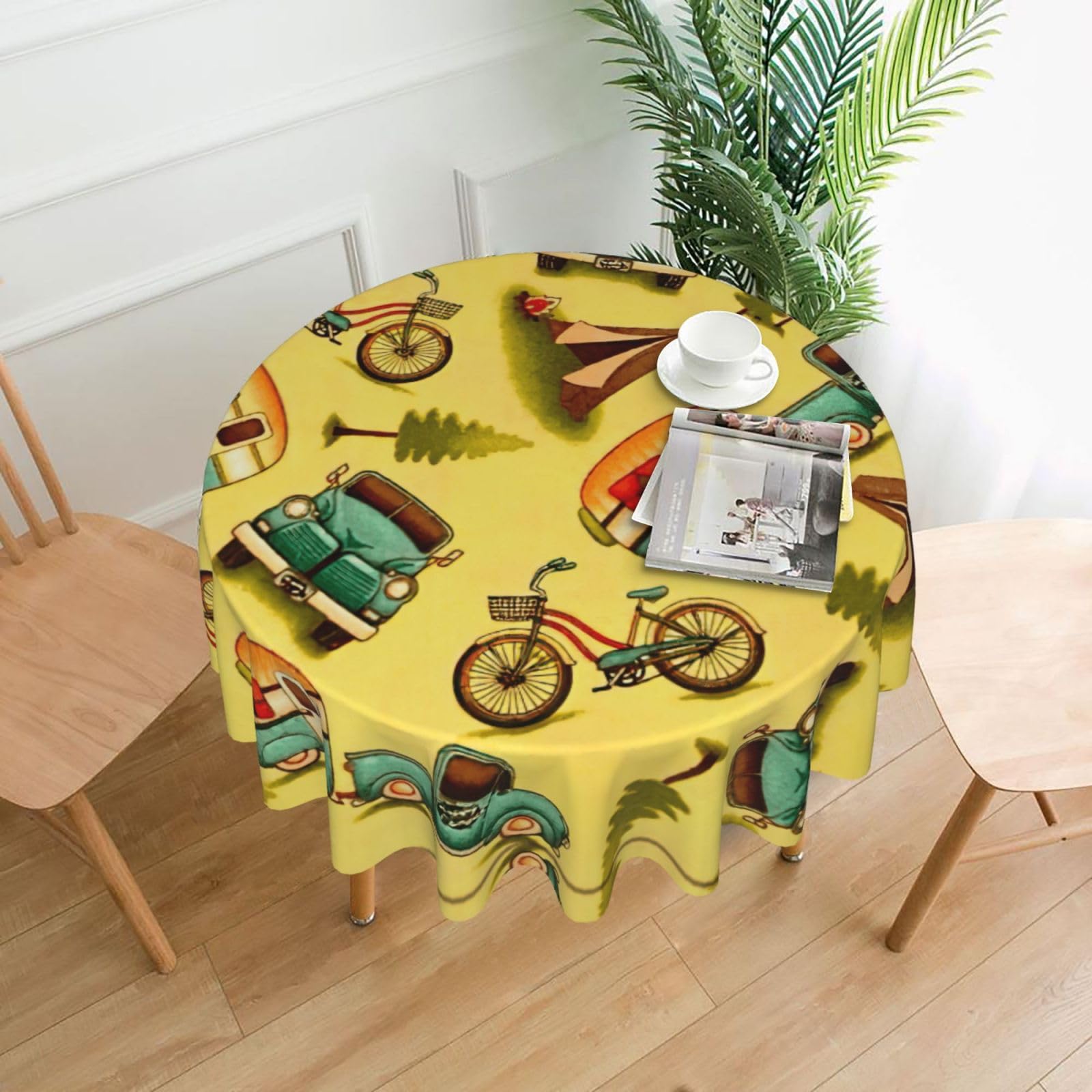 SDEGTHO Car and bicycle Print Modern Retro Round Tablecloth 60in Polyester Fabric Cover for Party Dining Table Washable
