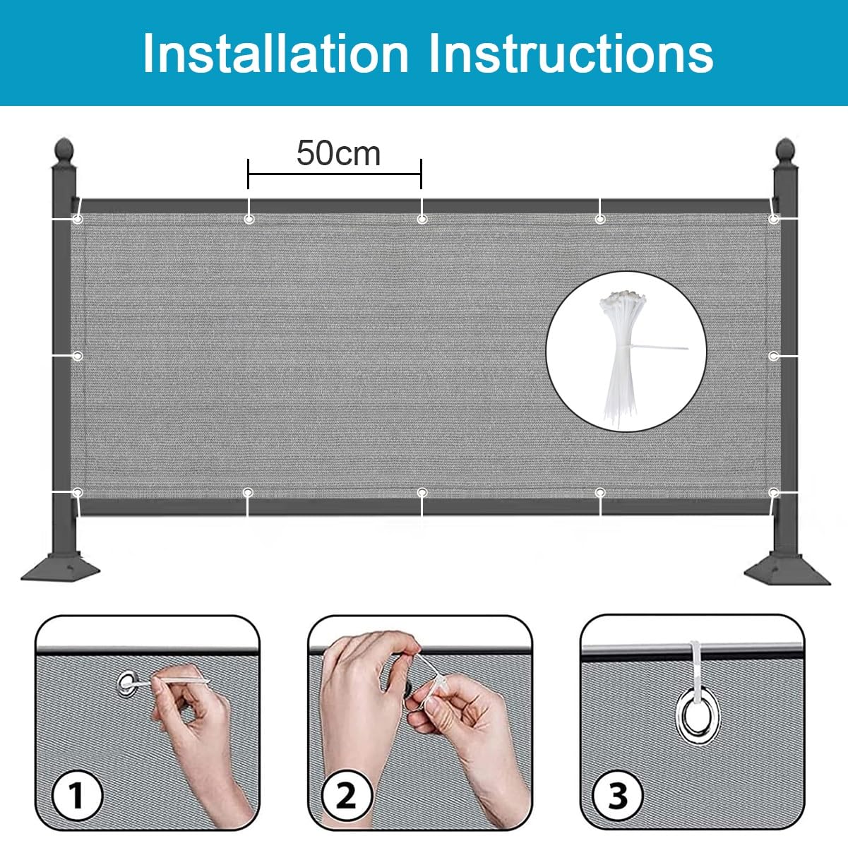 Brise Vue Balcon Hauteur 40cm/50cm/60cm HDPE Résistant Aux Intempéries avec Œillets et Serre-câbles Gris 40x700cm