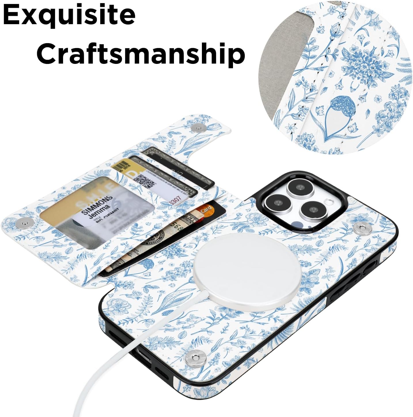 uCOLOR for iPhone 16 Pro Max Wallet Case Magsafe with Card Holder Slot【Compatible with MagSafe】 Folio Flip PU Leather Design with Camera Lens Protector 6.9"(Blue Toile Flowers) - Image 4