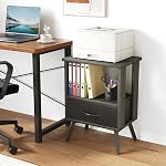 Nightstand with Fabric Storage Drawer with 2 Tiers Storage Space with Outlet, Wooden Bedside Table End Table with Matel Legs Night Stand for Bedroom Office, Grey