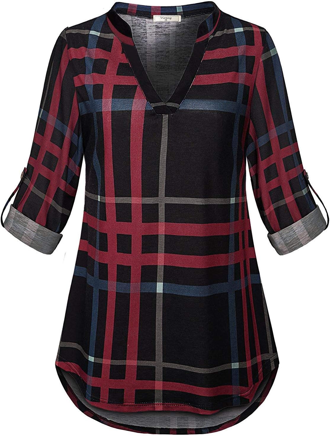 Viracy Womens Cuffed Long Sleeve V Neck Tunic Top (XXX-Large, 08-Black2)