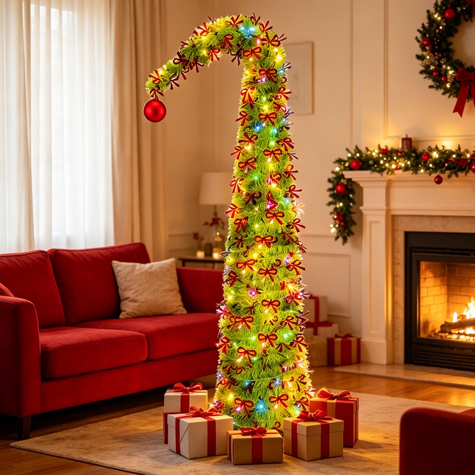 5 Ft Pop Up Christmas Tree with 16.5 Ft String Lights, Artificial Collapsible Pencil Christmas Tinsel Tree for Holiday Xmas Decorations, Home Display, Office Decor, Easy Assembly (I) — image 1