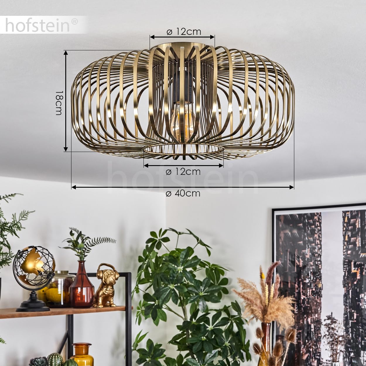 HOFSTEIN plafoniera Wemude, plafoniera rotonda in metallo color ottone antico, apparecchio retrò con effetto luce grazie all'aspetto a griglia, Ø 40 cm, 1 luce, attacco E27. senza lampadine