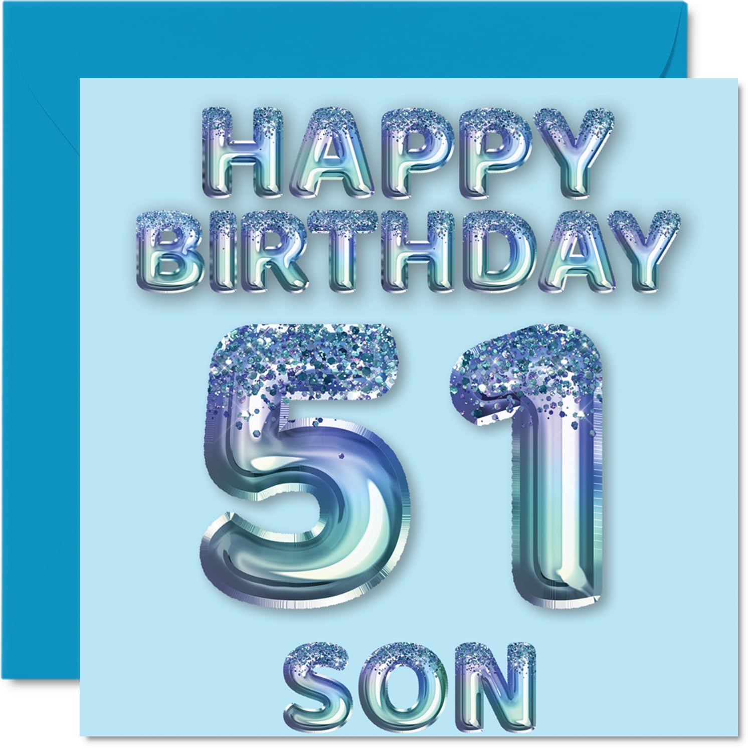 51st Birthday Card for Son, Blue Glitter Party Balloons