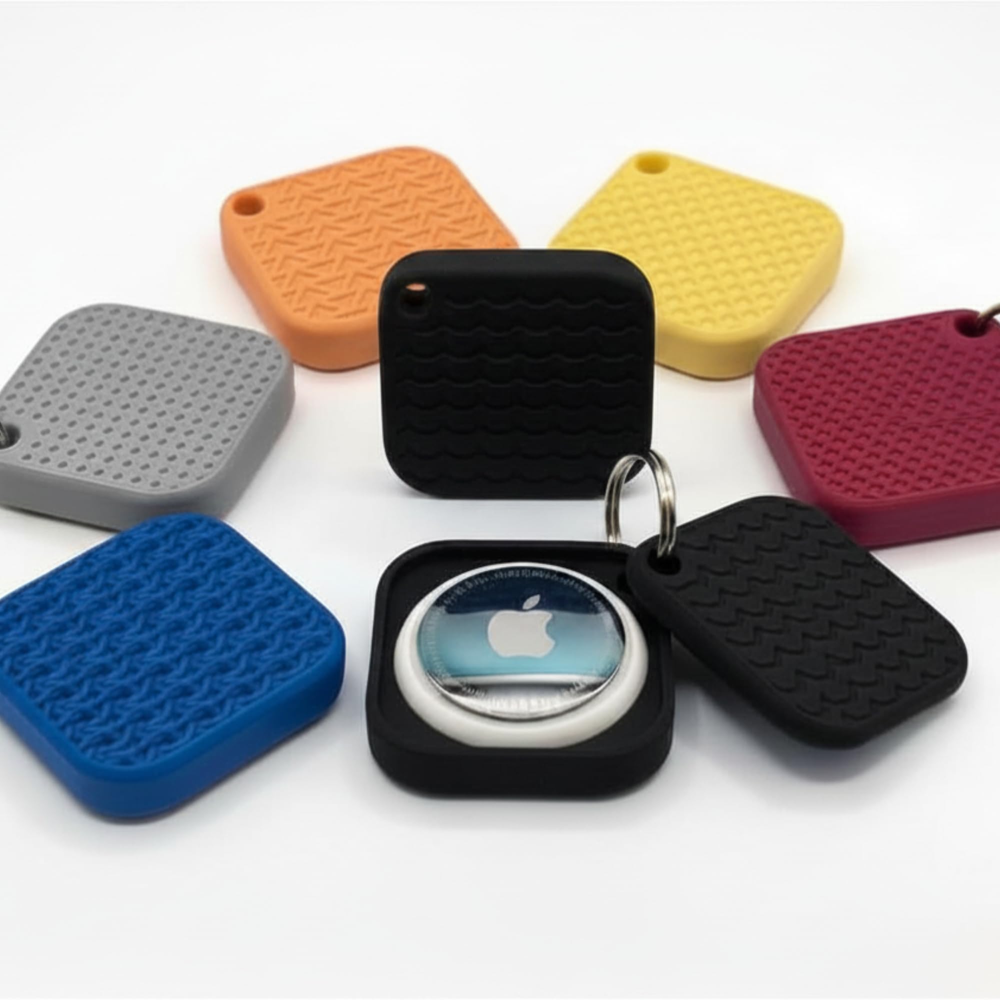 Textured Square Keychain Case for AirTag | Unique Protective Cover & Holder with Key Ring | Tracker Mount for Keys, Luggage, Backpacks and Pets | Random Pattern Design | 7 Colors (3, Black)-image-3