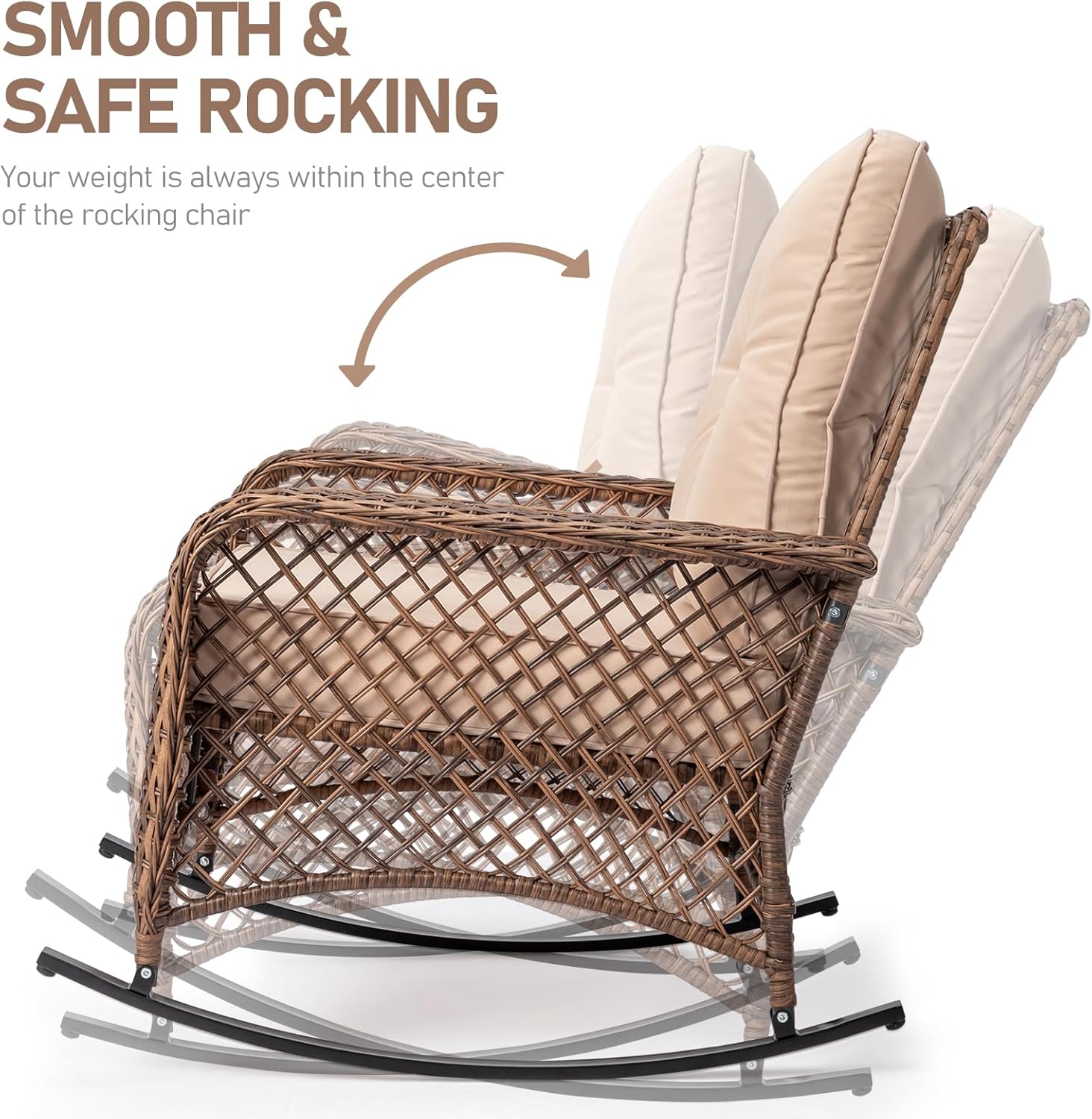 Outvita Outdoor Wicker Rocking Chair, Patio Rattan Rocker Chair w/Cushions & Steel Frame, All-Weather Rocking Lawn Wicker Furniture for Garden Backyard Porch Deck (Beige)