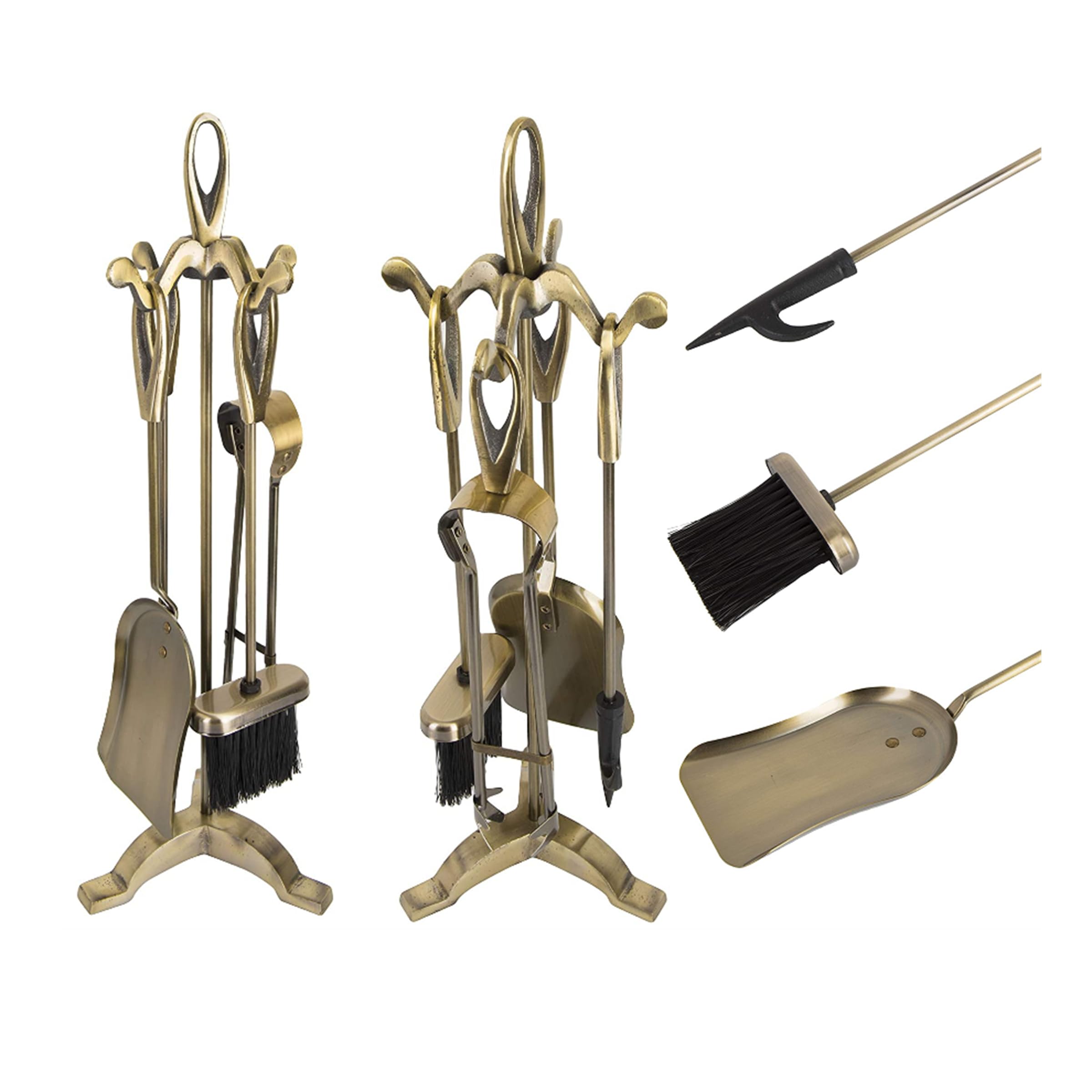 HUW - Kaminbesteck 5-teiliges Kamin-Set in Gold - 5 Stück: Stand - Bürsten - Poker - Schultern - Greifer - 21x19x61cm - Kaminwerkzeuge Sets - Kaminzubehör - Werkzeugset - Ständer - Feuerzange - Indoor