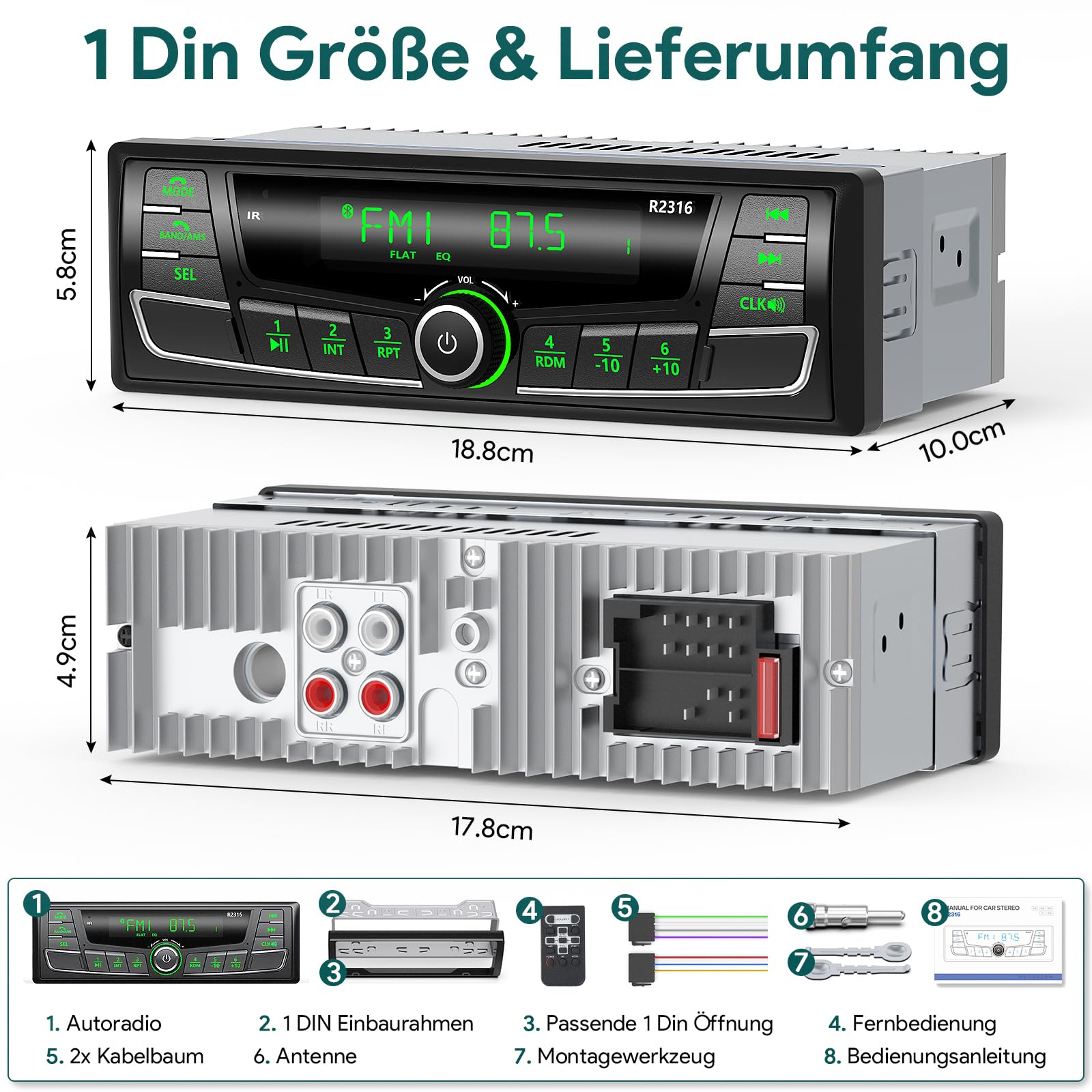 RDS Autoradio Bluetooth,Wistrue FM/AM/7 Farben Autoradio mit Bluetooth Freisprecheinrichtung, 1Din Auto Radio mit USB/AUX/SD/MP3 Player Kompatibel mit iOS und Android(Mehrfarbig)