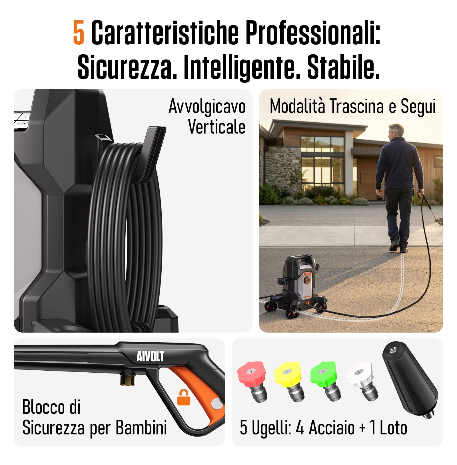 AIVOLT Idropulitrice ad Alta Pressione da 1800W, 170 Bar | con 5 Ugelli di Diversa Modalità, Tubo Flessibile da 7,6 Metri, Portata Massima 360 L/H, per Pavimenti, Finestre, Auto, ecc.