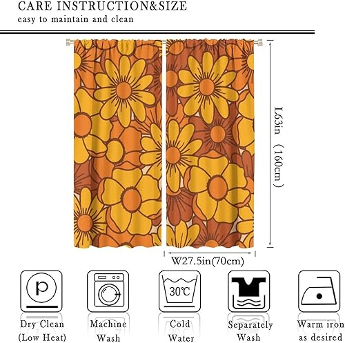 Miniatura 2 de Cortinas opacas inspiradas en los años 70, bonitas flores marrones y amarillas, con bolsillo para barra, para dormitorio, sala de estar, cocina,