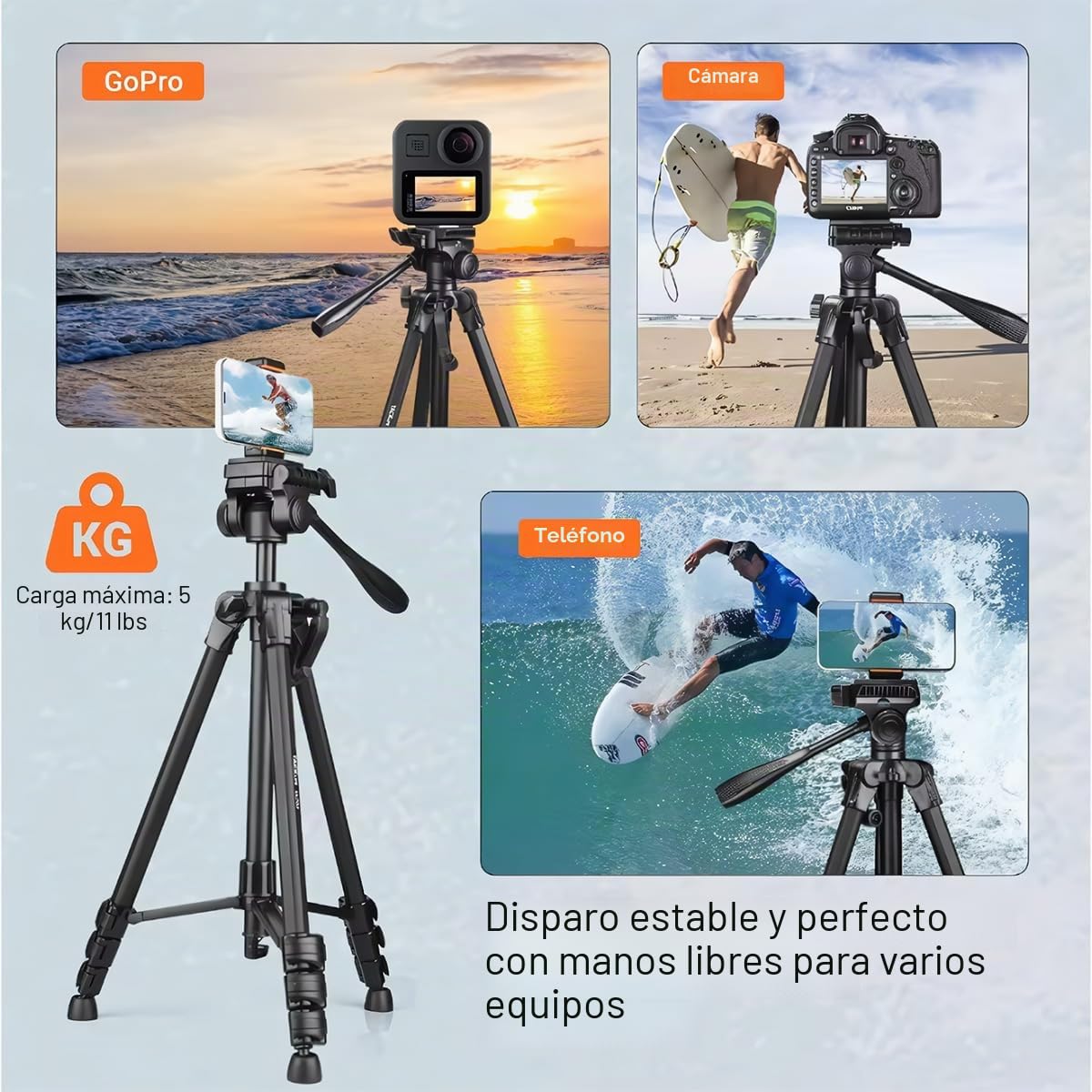 Trípode Klack para cámara ó teléfono móvil, 48/150cm 360° Portátil, Fuerte Estabilidad, 5Kg de Carga máxima