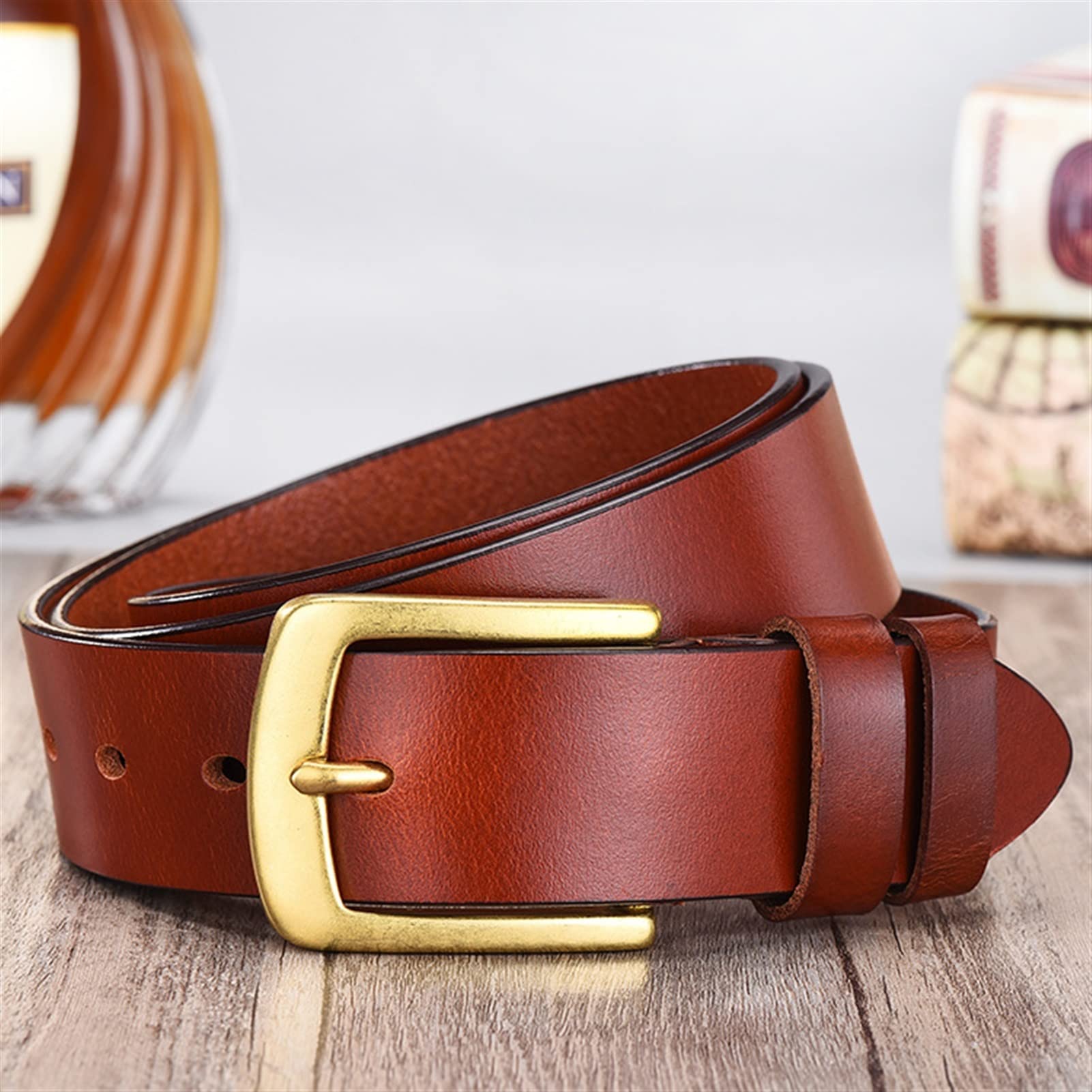 Cinturón ajustable de cuero genuino, Cinturón de cuero for hombre, capa superior de cuero, cinturón con hebilla, versátil, informal, ancho, hebilla antiarañazos, suave y flexible(Black,Length 115cm)