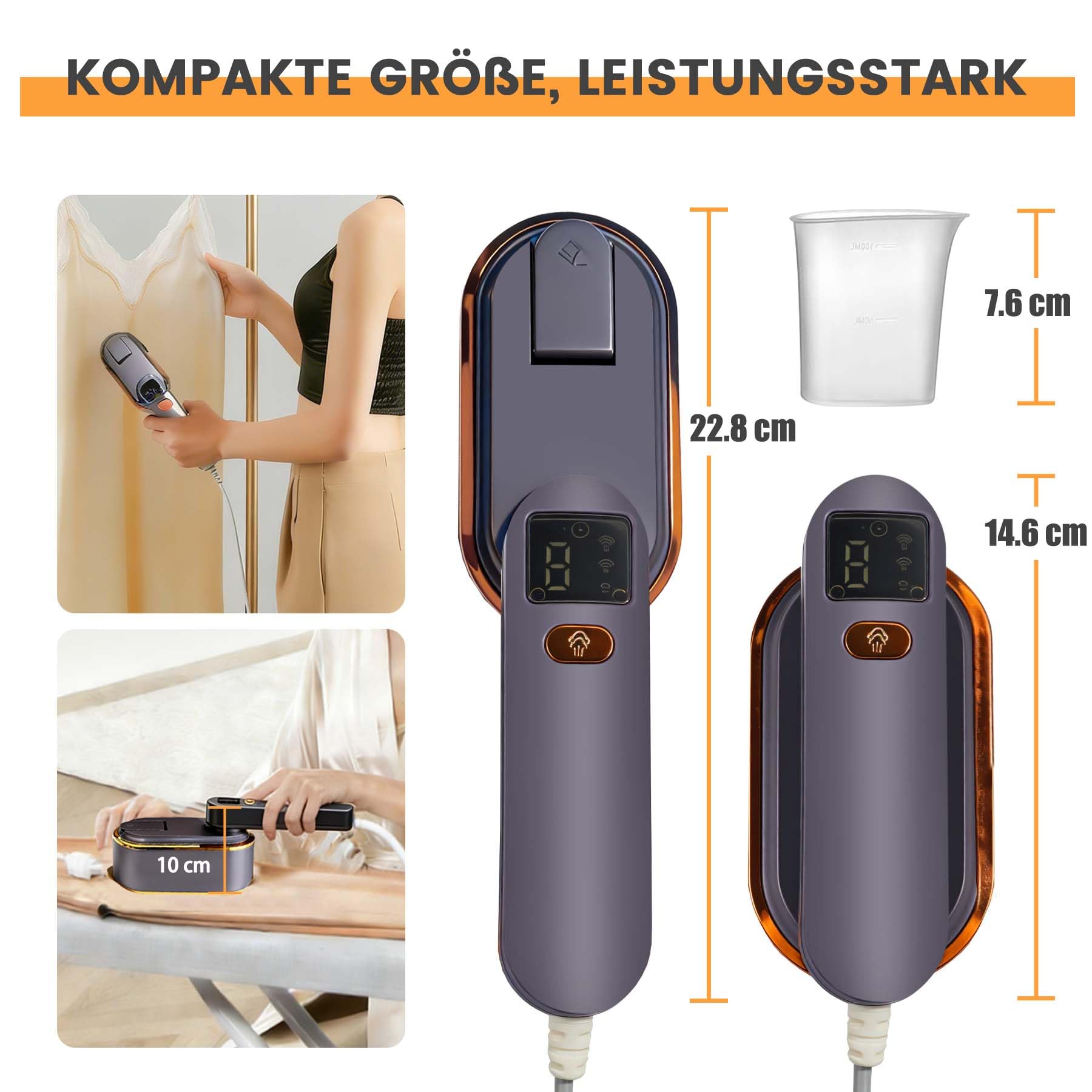 Steamer Défroisseur à vapeur, 2000 W, chauffage ultra rapide 9 s, réservoir d'eau de 130 ml, fer à repasser portable 2 en 1 avec 3 modes et affichage LED, mini fer à repasser pour voyage