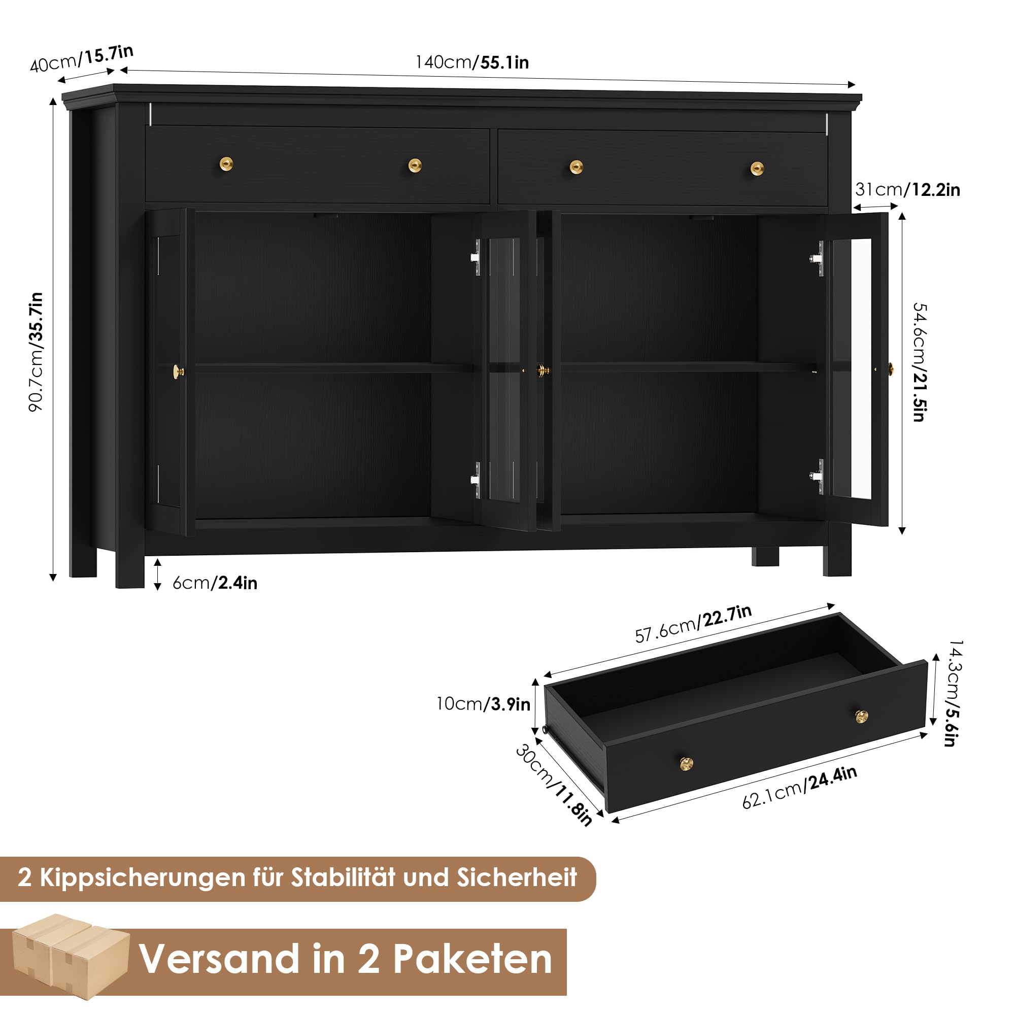 FirFurd Sideboard 140cm Breit für Küche, Küchenschrank mit Arbeitsplatte