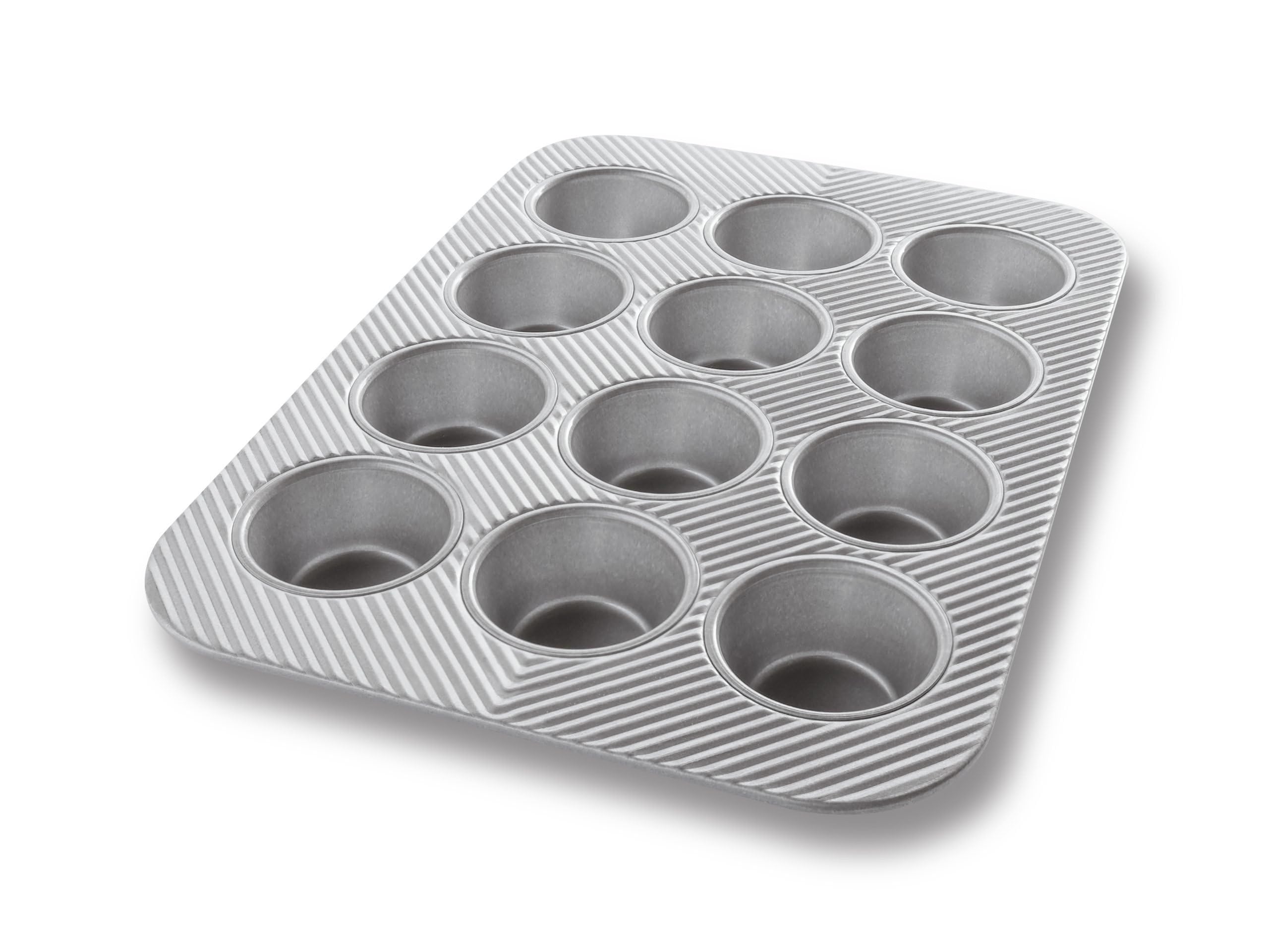 Bakeware Aluminized Steel Glazed Cupcake/Muffin Pan | 11-1/8" x 15-3/4" overall, makes (12) 2-3/4" dia. cupcakes, 3.8 oz. capacity each, curled rim, hand wash recommended