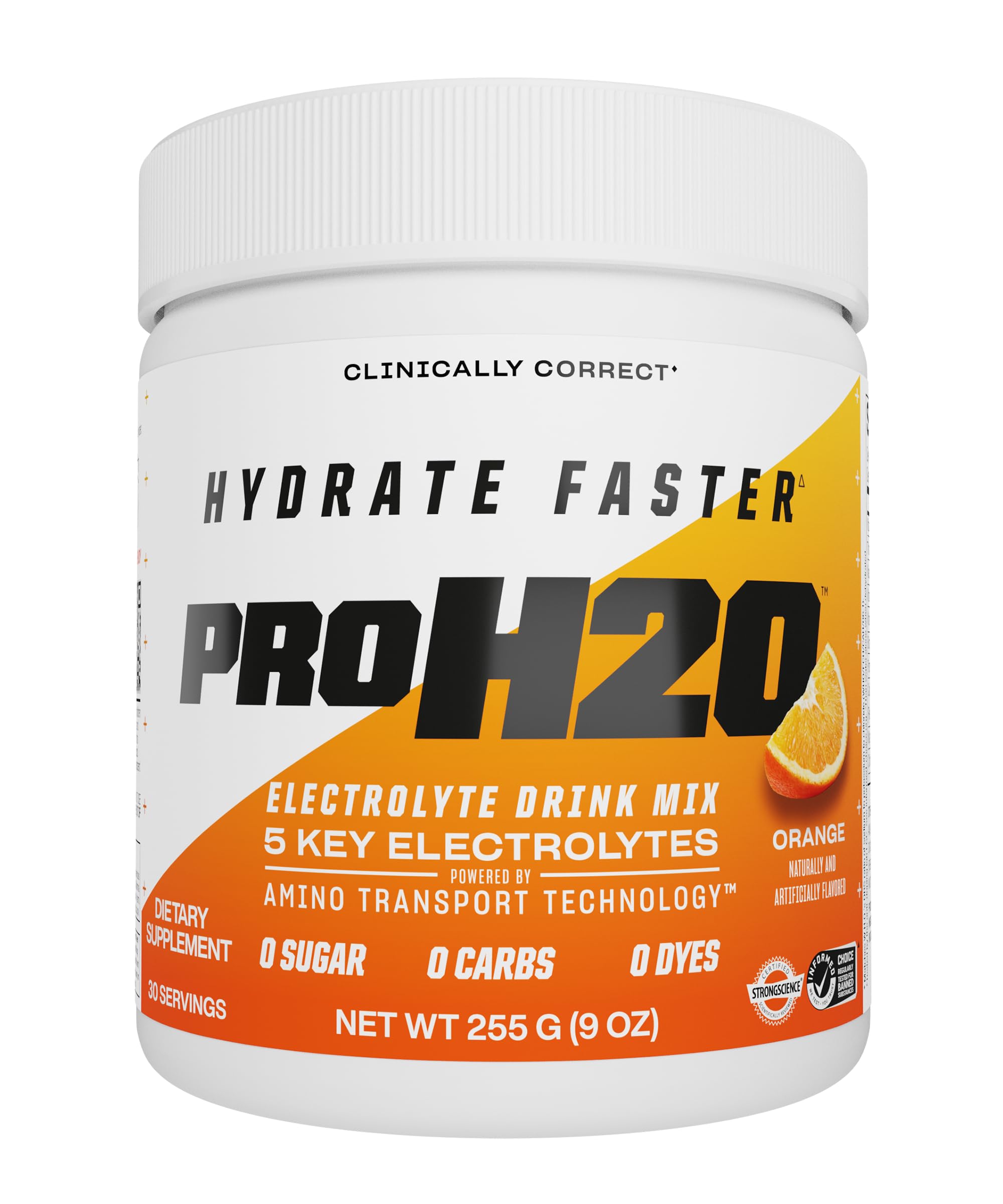 PVL PROH2O Electrolyte Drink Mix Powder with 5 Key Electrolytes, Amino Acid Blend, Vitamin C and B Vitamins, Zero Sugar, Zero Carbs, No Dyes, 30 Servings, 9 oz (255 g) (Orange)