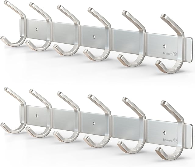 Homephix Heavy Duty Coat Hooks for Wall Mounted | Stainless Steel Hanger Rack Holder for Clothes, Hats, Robs, Towels (Silver-Pack of 2)