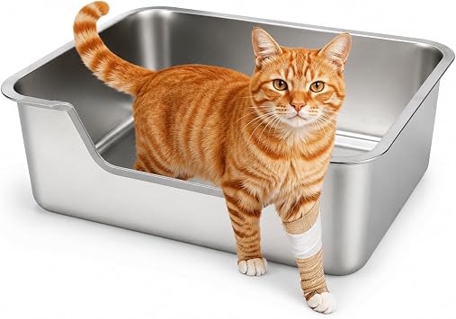 Stainless Steel Cat Litter Tray, Open-Top Low Entry Litter Box