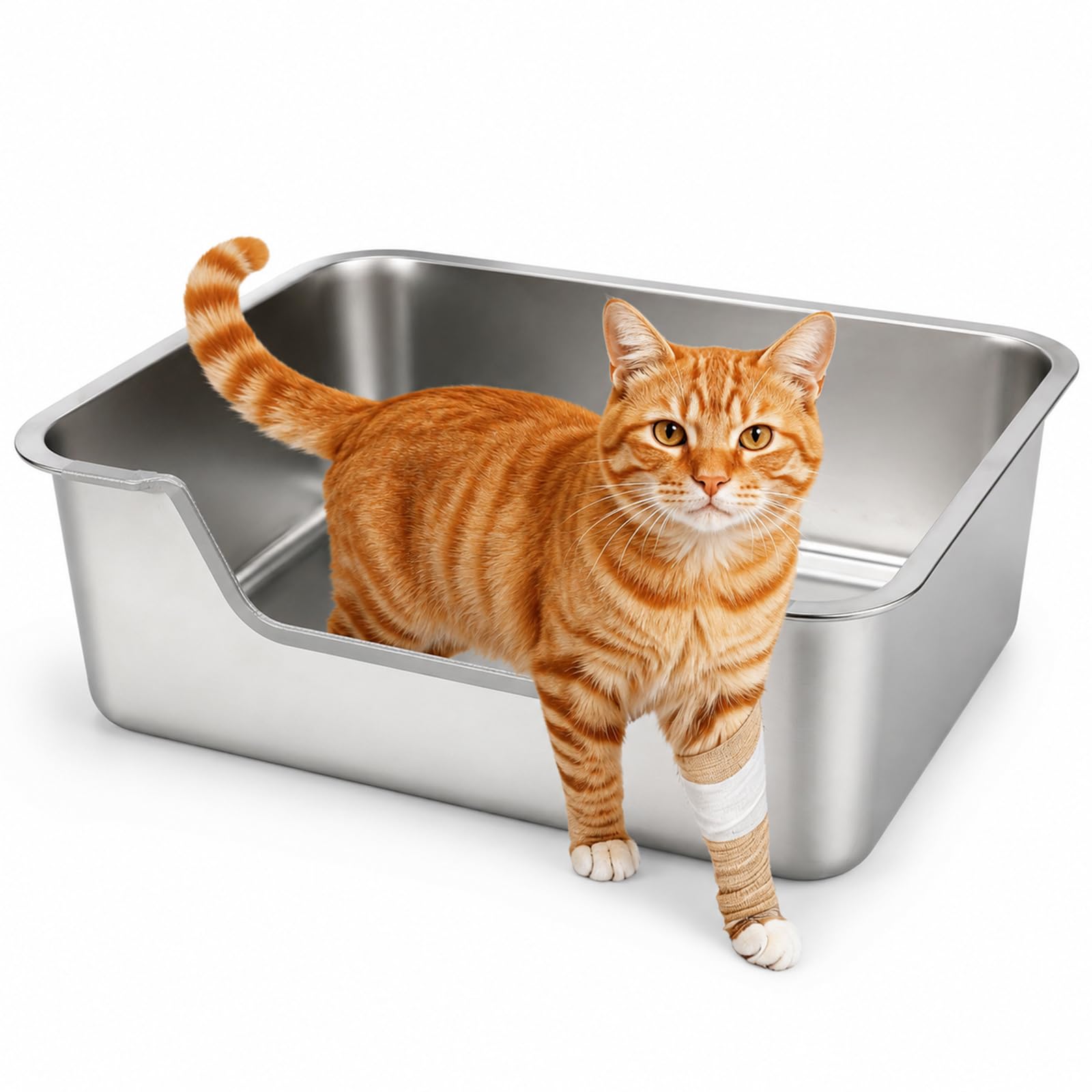Sbayool Stainless Steel Cat Litter Tray, Open-Top Low Entry Litter Box