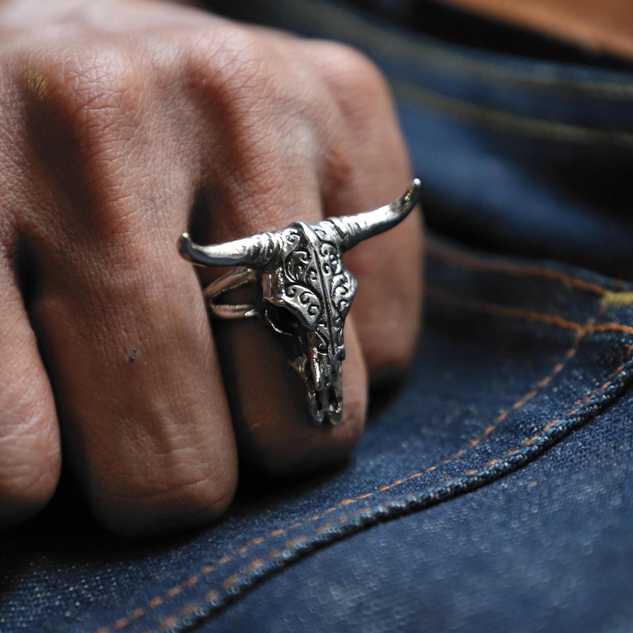 buffalo skull ring gazelle impala head men sterling silver 925 biker boho animal (10.5)