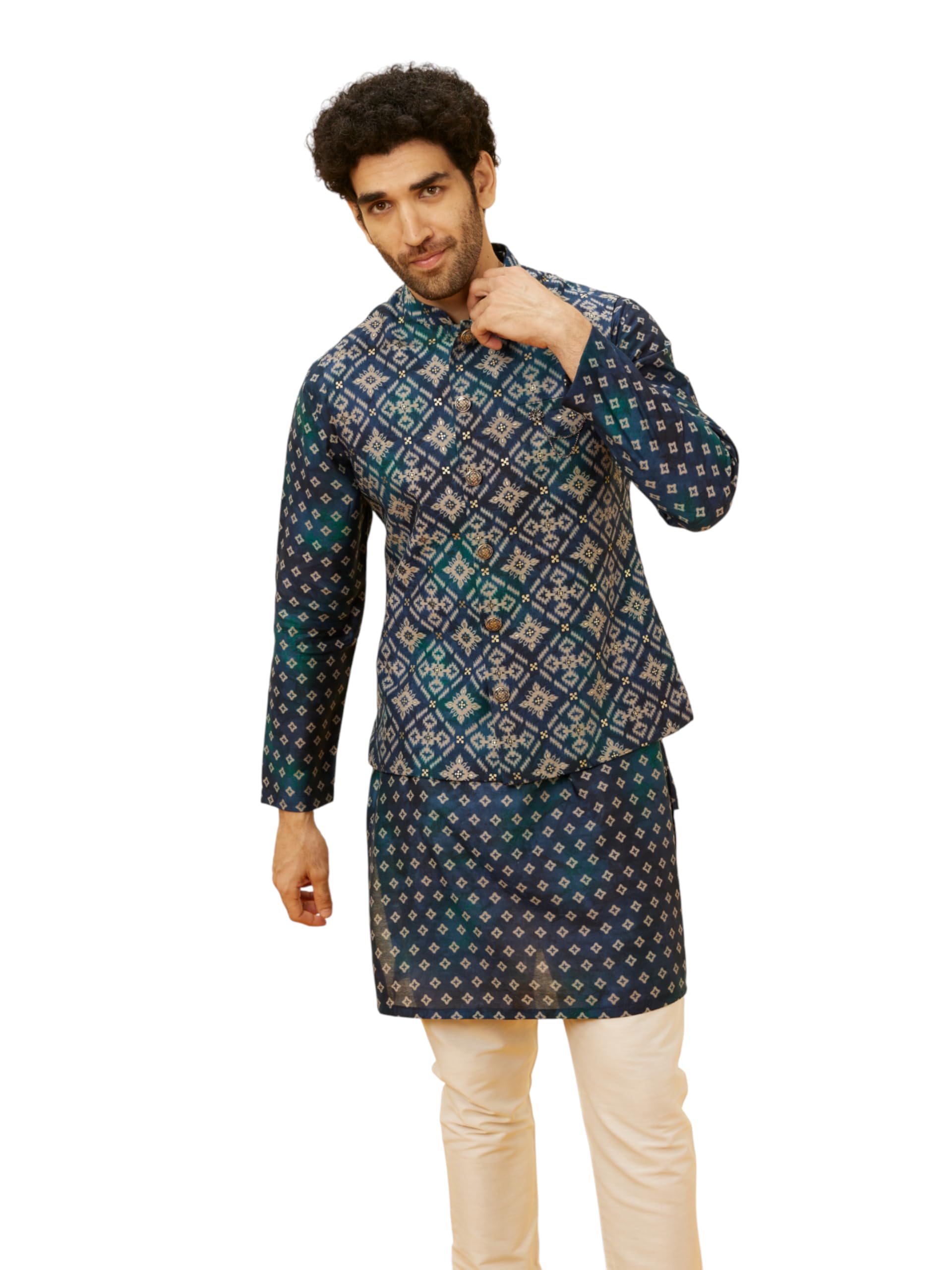 manyavar Men's Viscose Blend Foil & Digital Print Kurta Jacket Set (3pcs)-picture-13