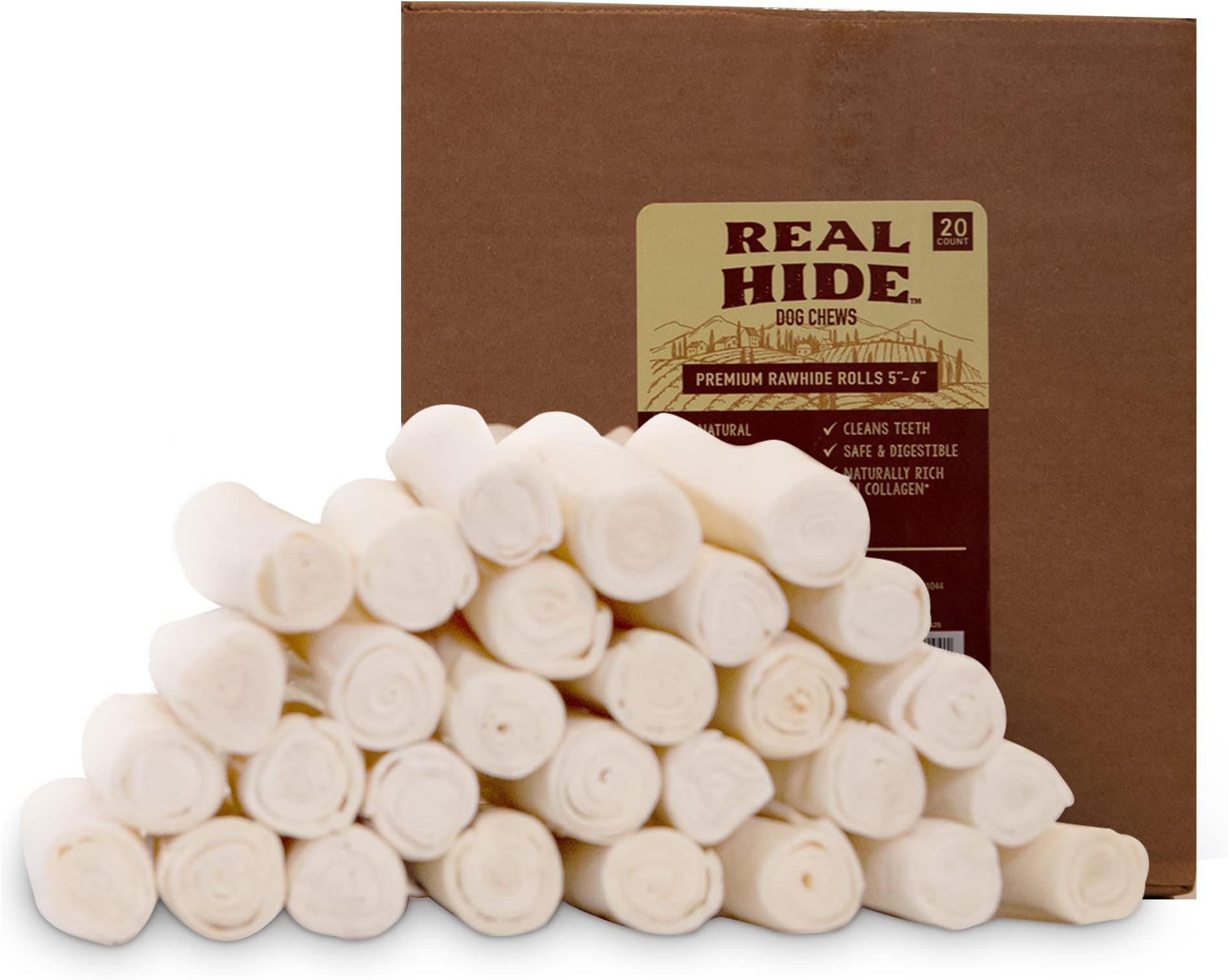 Real Hide | All Natural Dog Chew Treats - Premium Rawhide Rolls, 9-10 Inch - Long Lasting Grass Fed Free Range Beef Hide - Medium/Large Dogs - 20 Count