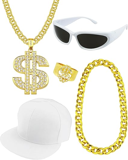 5 Pack Hip Hop Costume Kit Rapper Accessories 2000s 80s 90s Outfit Fake Gold Chain Sunglasses Ring Hat for Rapper
