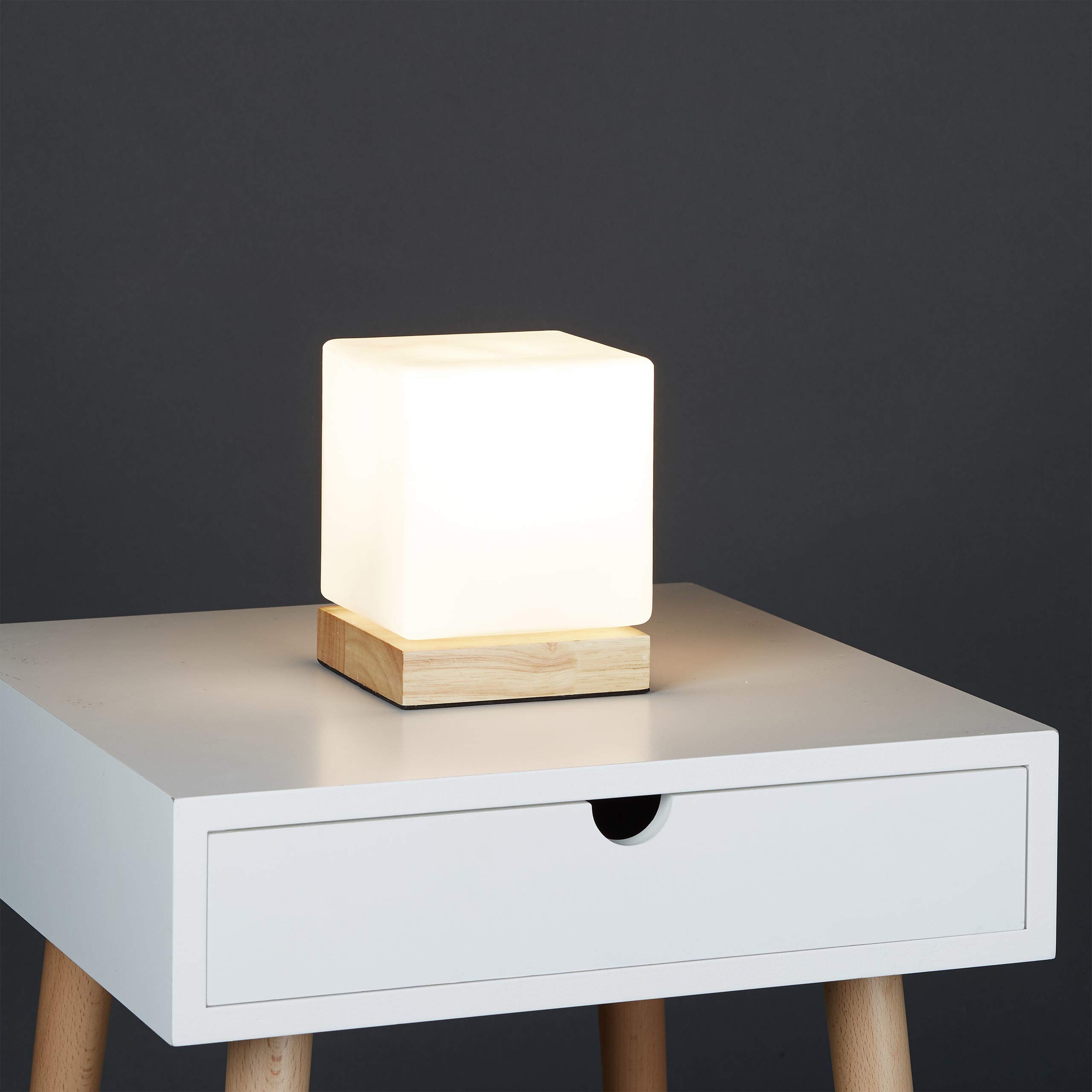 Relaxdays Lampada da Tavolo a Cubo, E14, Base in Legno e Vetro Opalino, Luce Design Scandinavo, HLP 15x12x12 cm, Bianca