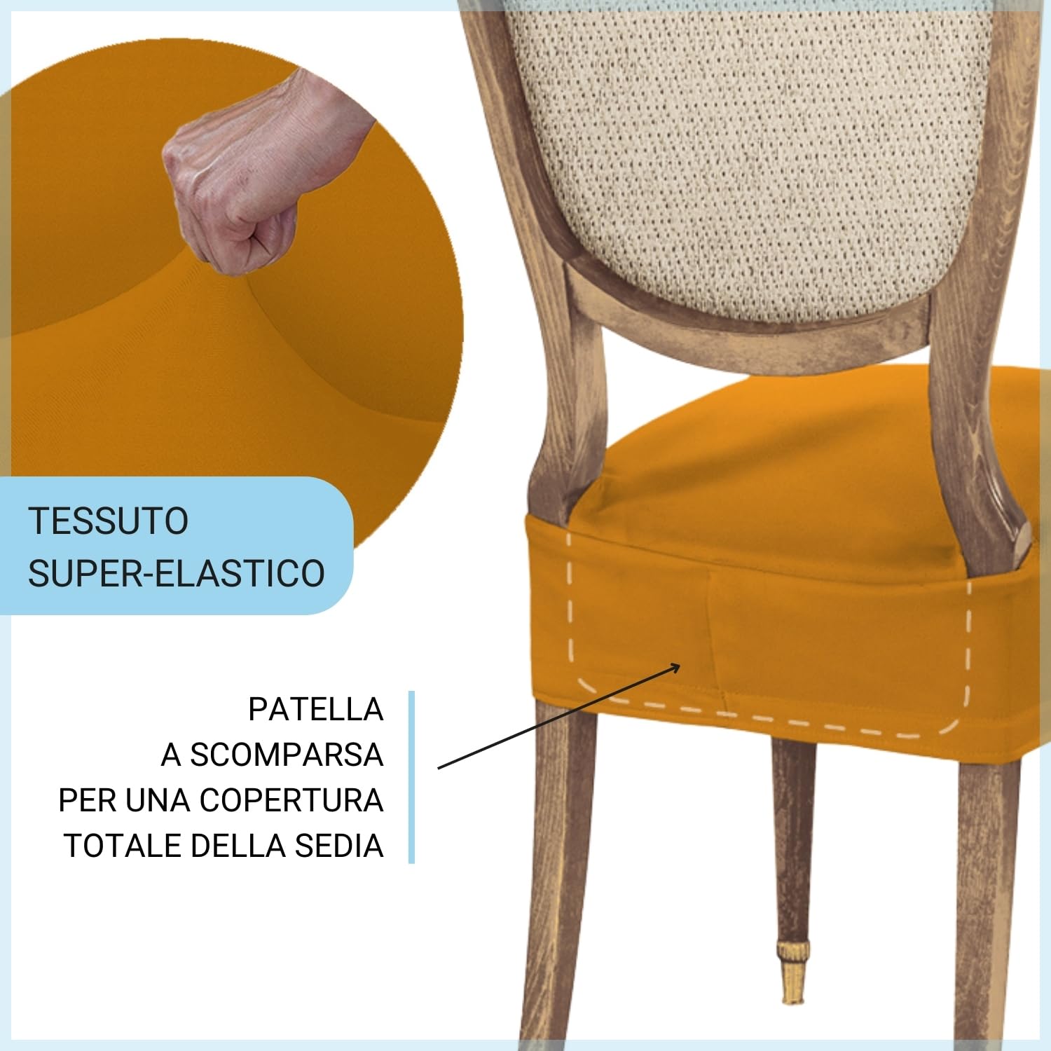 Banzaii Coprisedia Universale Senza Schienale 2 Pezzi per Sedie da Ufficio, Cucina, Sala da Pranzo, Camera, Hotel o Ristorante in Tessuto Super Elasticizzato, Made in Italy Oro