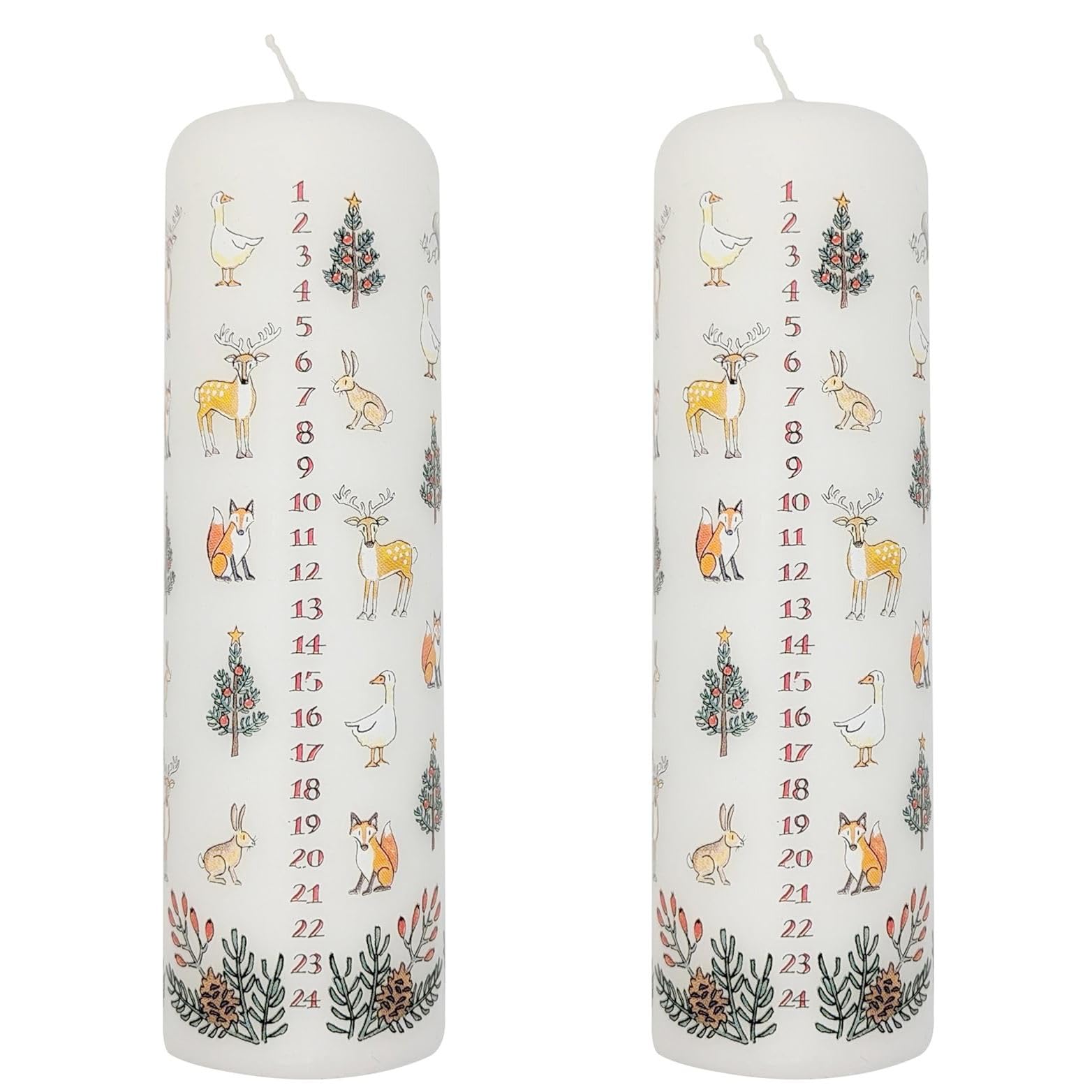Carousel Home White Pack Of 2 Winter Wildlife Advent Pillar Candles | Traditional Christmas Advent Calendar Candles With Numbers - 20Cm