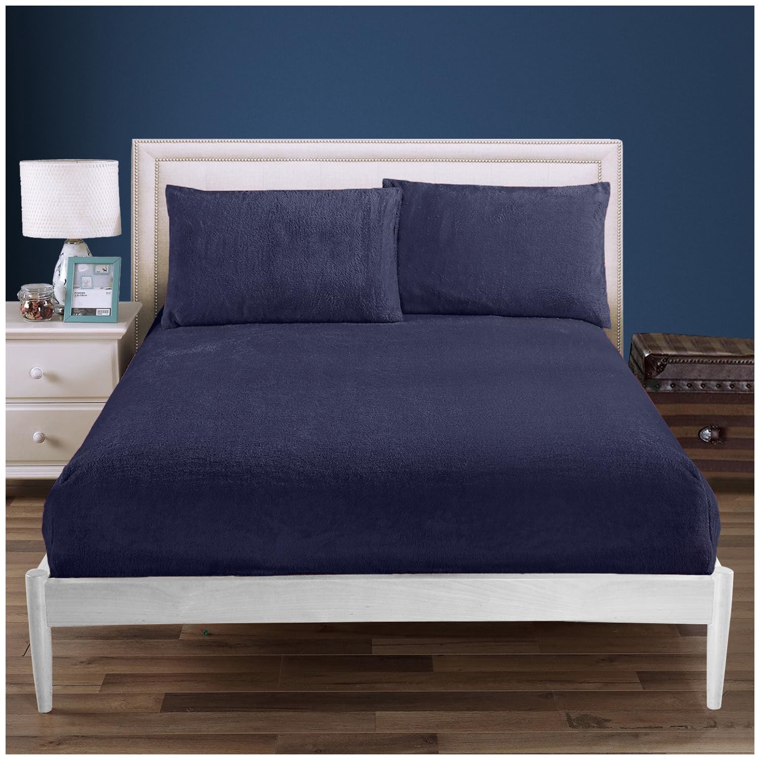 100% Polyester Super King Bottom Sheet, Warm & Cozy Teddy Bear Fleece Fitted Sheet, Easycare Soft Fur Snuggly and Thermal Bedsheet, Easycare Fluffy Warm Bedding, Navy