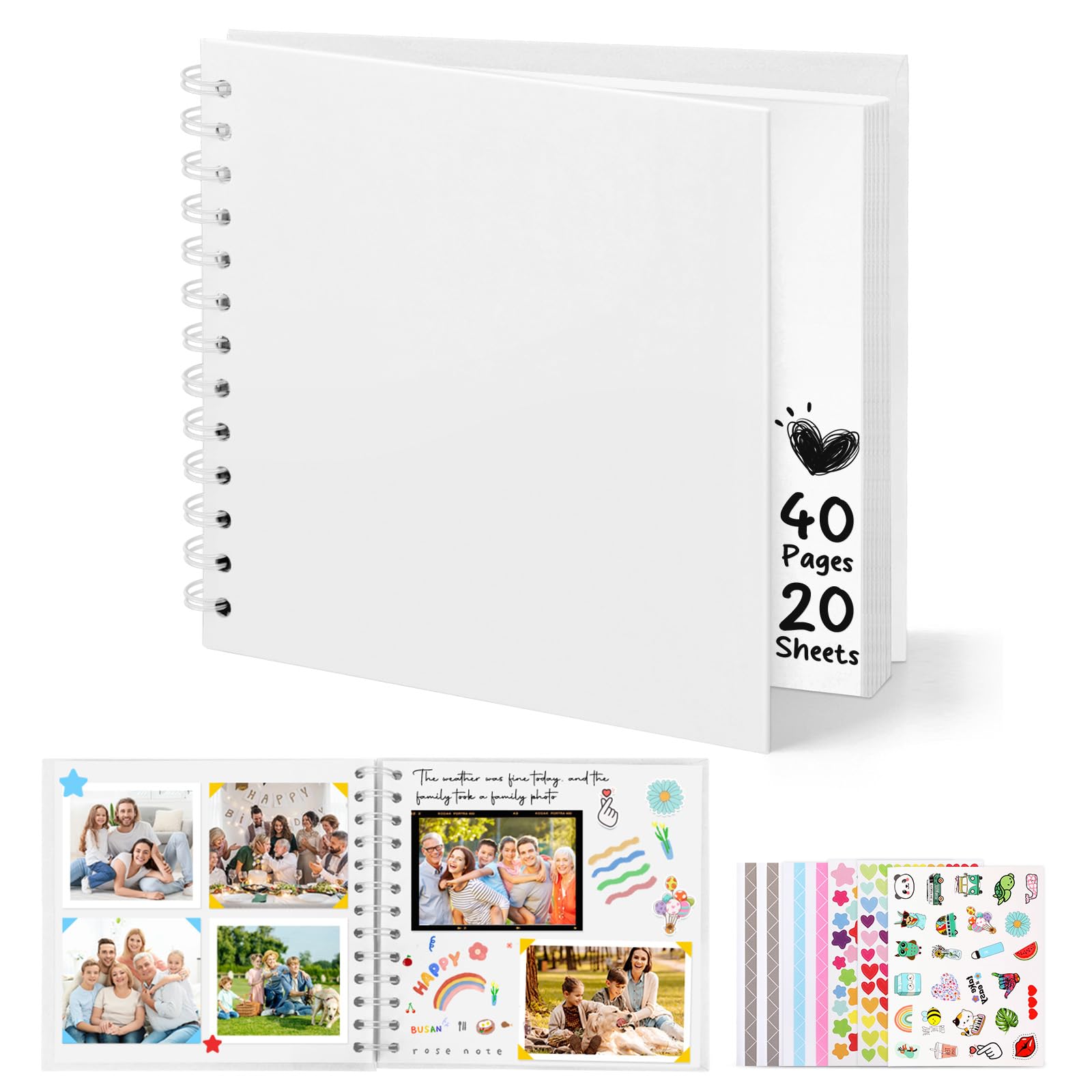 DazSpirit Fotoalbum zum Selbstgestalten, 6-inch Fotobuch zum Einkleben, Quadratisches Hardcover-Scrapbook und Gästebuch Geburtstag für Abschluss, Hochzeit, Babys, mit 5 Aufkleber, 40 Seiten, Weiß