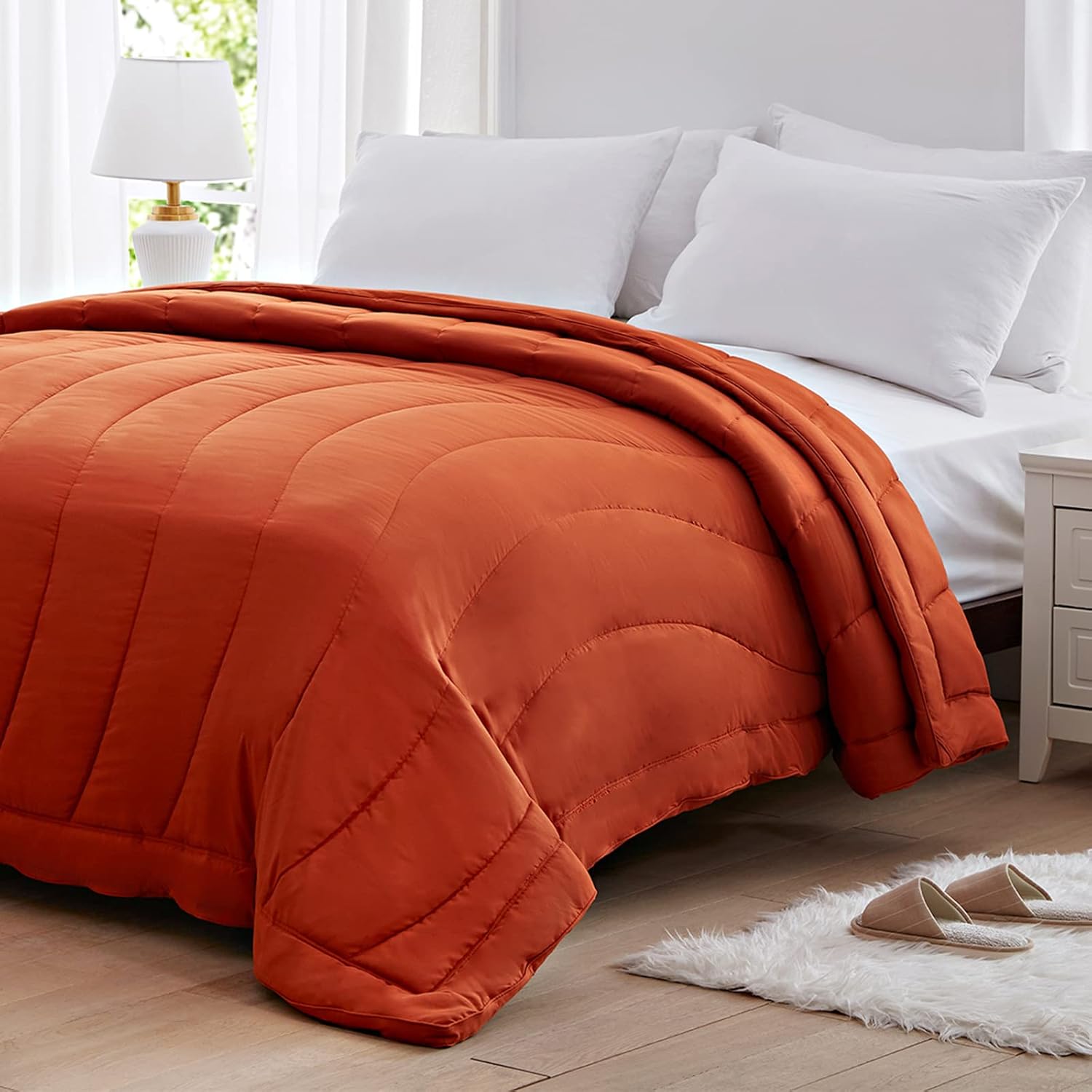 NexHome Lightweight Comforter Twin Size, Soft Down Alternative Solid Comforter, Thin Microfiber Reversible Bedding Comforter for All Seasons (Twin, Umber-Stripe)