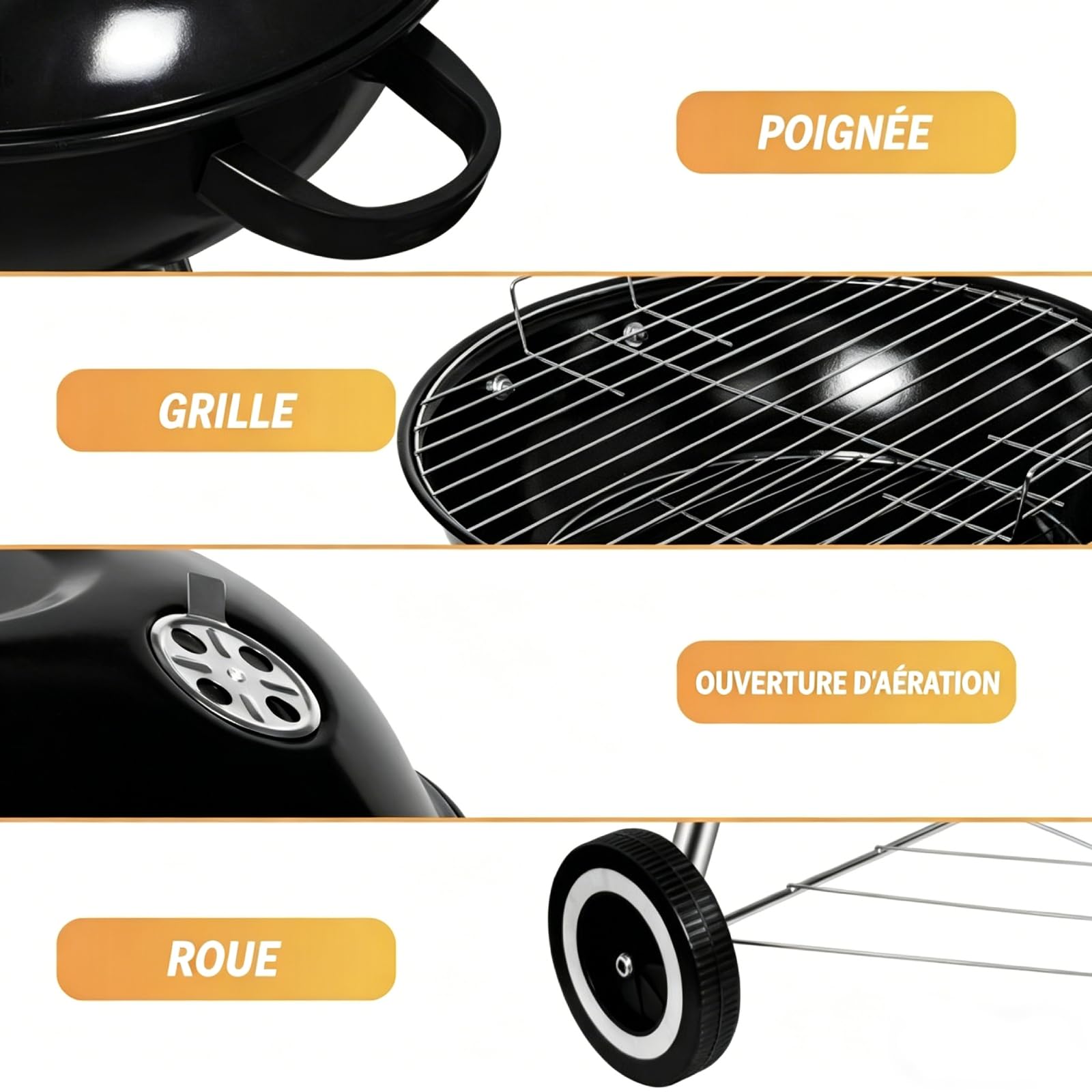 Barbecue à Charbon Rond, BBQ Mobile Barbecue Grill Portable de Jardin, avec Couvercle et 2 Roues - 46 * 44 * 70cm