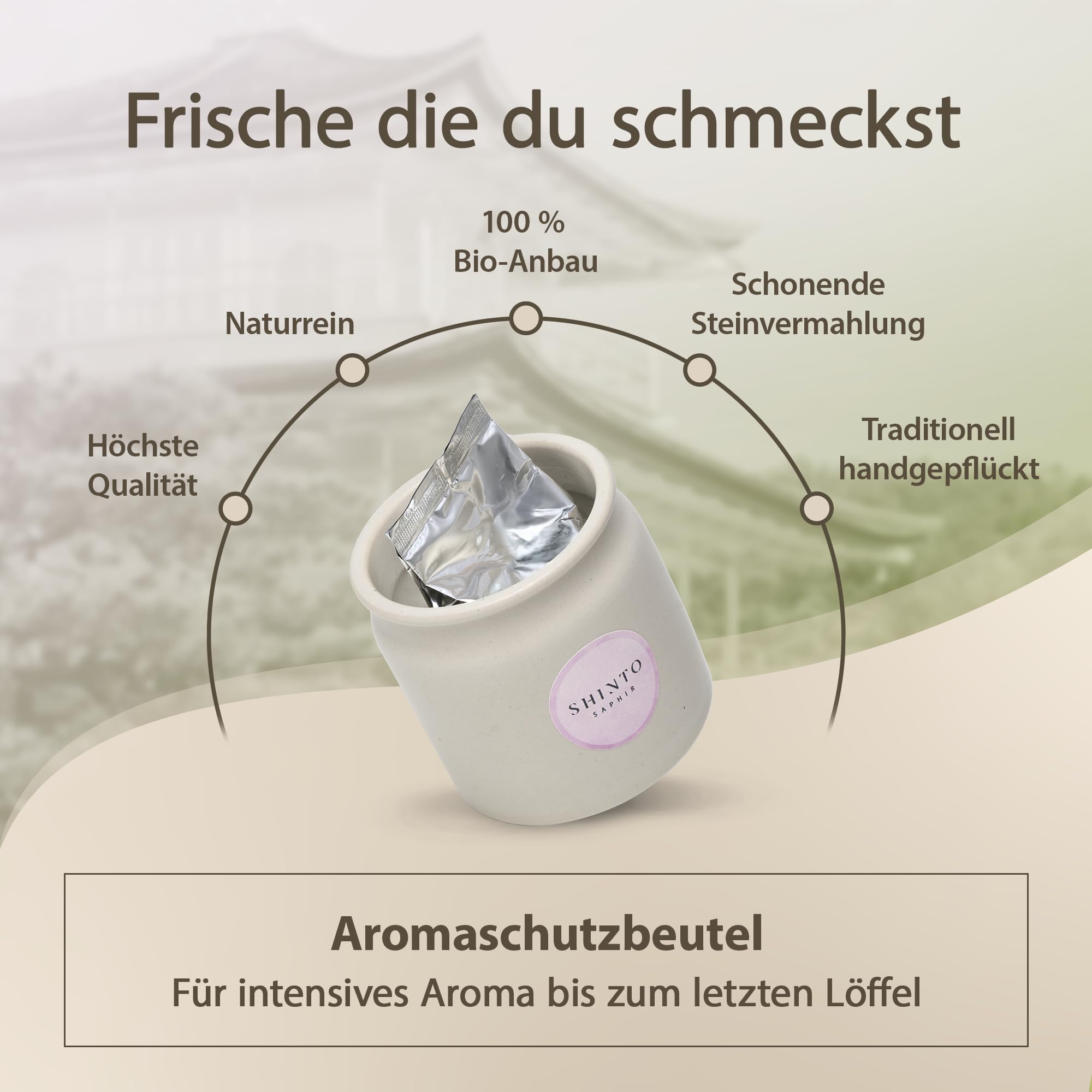 Shinto - Bio Matcha Pulver "Saphir" - angenehm spürbares Umami - Ceremonial Matcha Tee beschattet & handgepflückt - florales Aroma mit feiner Frische - Direktimport aus Uji Japan - 30g Tongefäß
