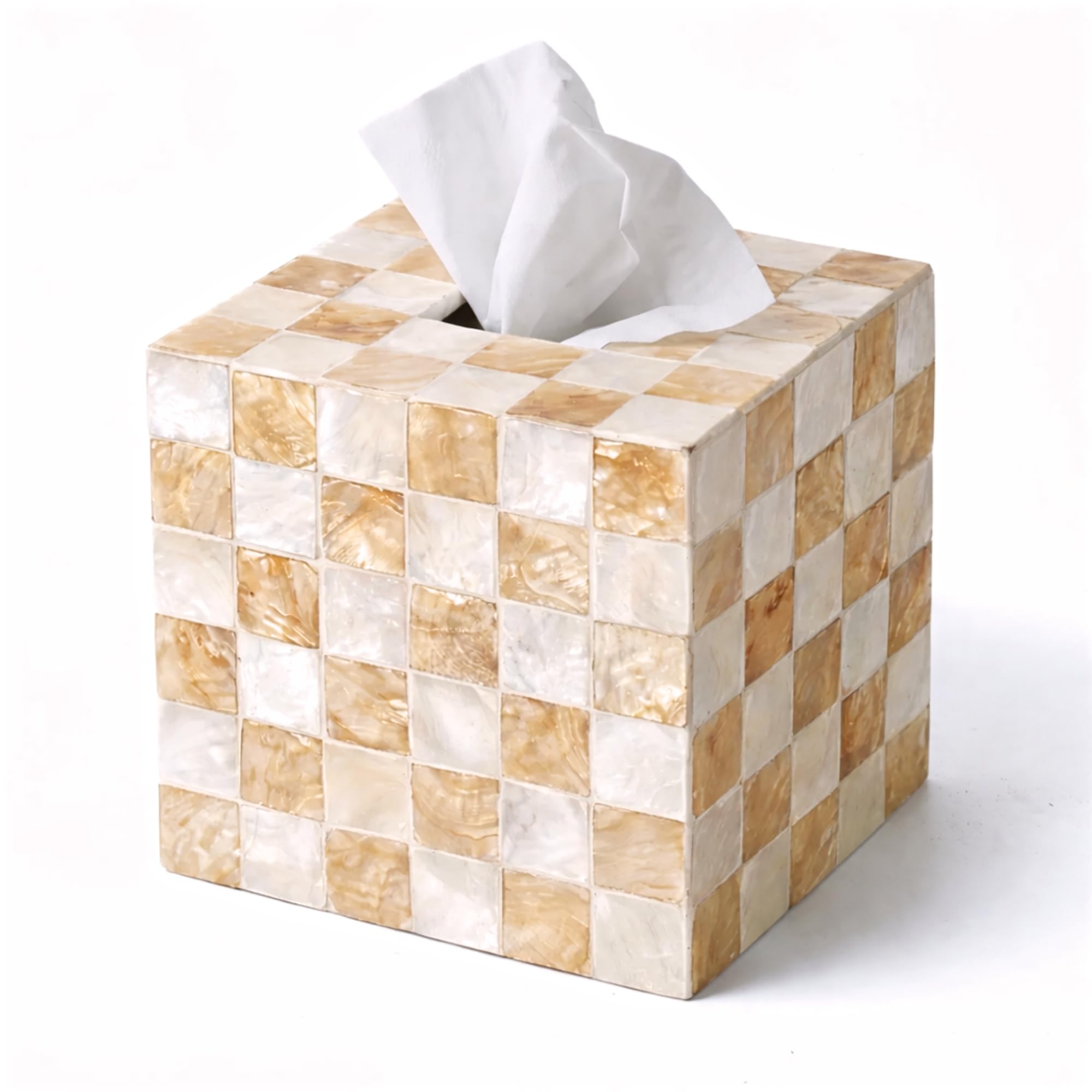 Photo 1 of CHI AN HOME 5.5” Square Tissue Box Cover, Capiz Shells Cube Tissue Box Holder with Bottom Slider, Checkered Tissue Box Cover Mother of Pearl Decorative Tissue Holder for Bathroom Vanity, Office, Ivory