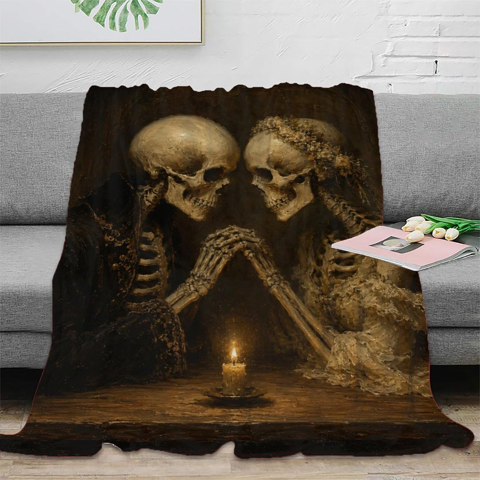 H3B8U2Y5 Skeleton Couple Candlelight Blanket, Moonlit Horror, Bed
