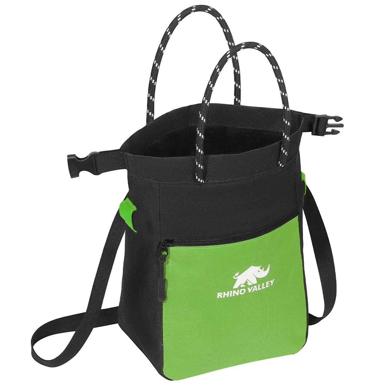 Rhino Valley Torba na Magnezję do Wspinaczki i Boulderingu (Chalk Bag)–Paskiem Regulowanym, Kieszeń na Zamek, Szerokie Otwarcie, Torba na Kredę Boulder, Gimnastyki i Fitness, Czarny/Zielony