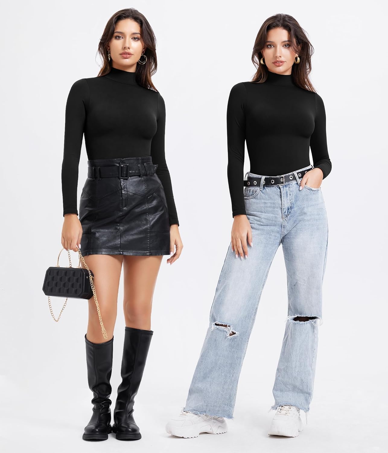 Irisnaya Women's Mock Turtleneck Long Sleeve Bodysuit Thong High Neck Body Suits Tops - Image 4