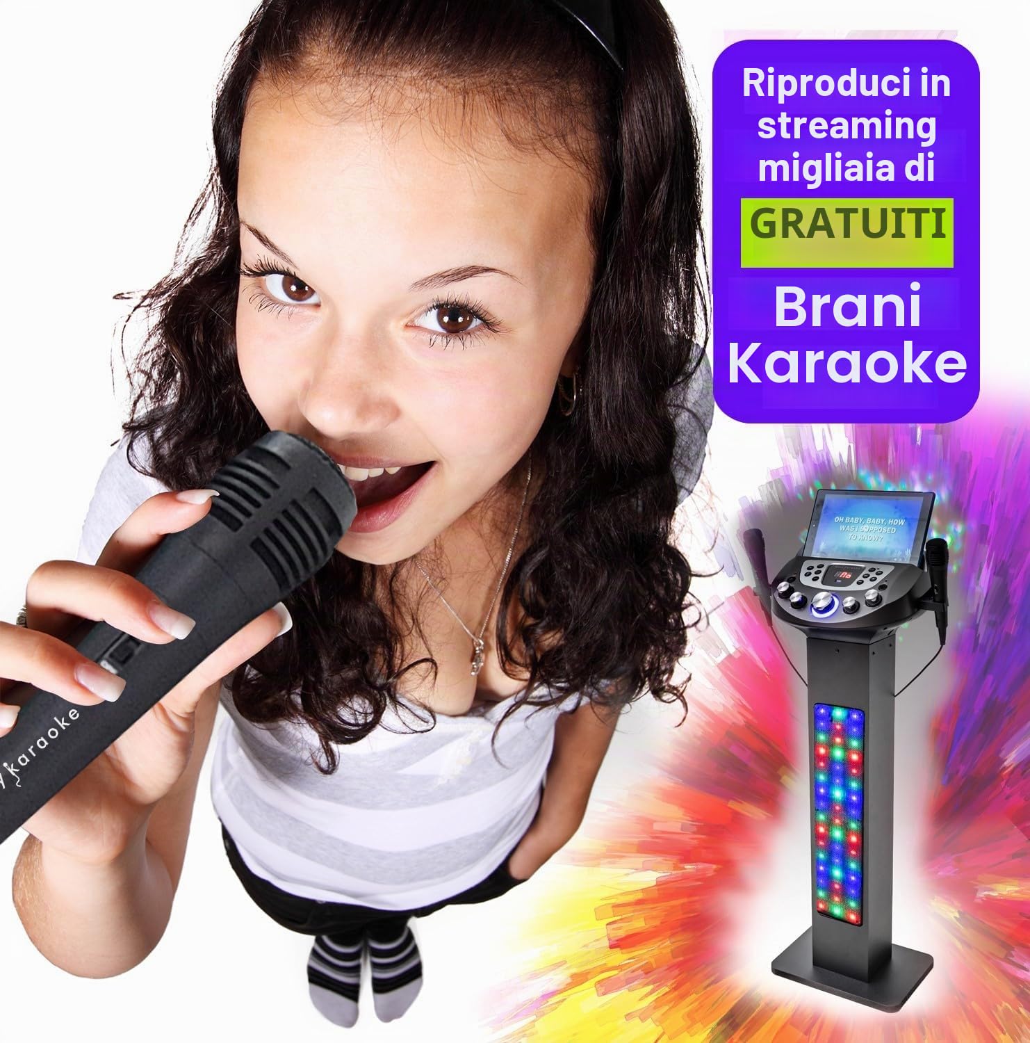 Easy Karaoke EKS828-BT - Sistema karaoke Bluetooth con altoparlanti integrati, potenza di picco di 90 W, luci LED, palla da discoteca e 2 microfoni