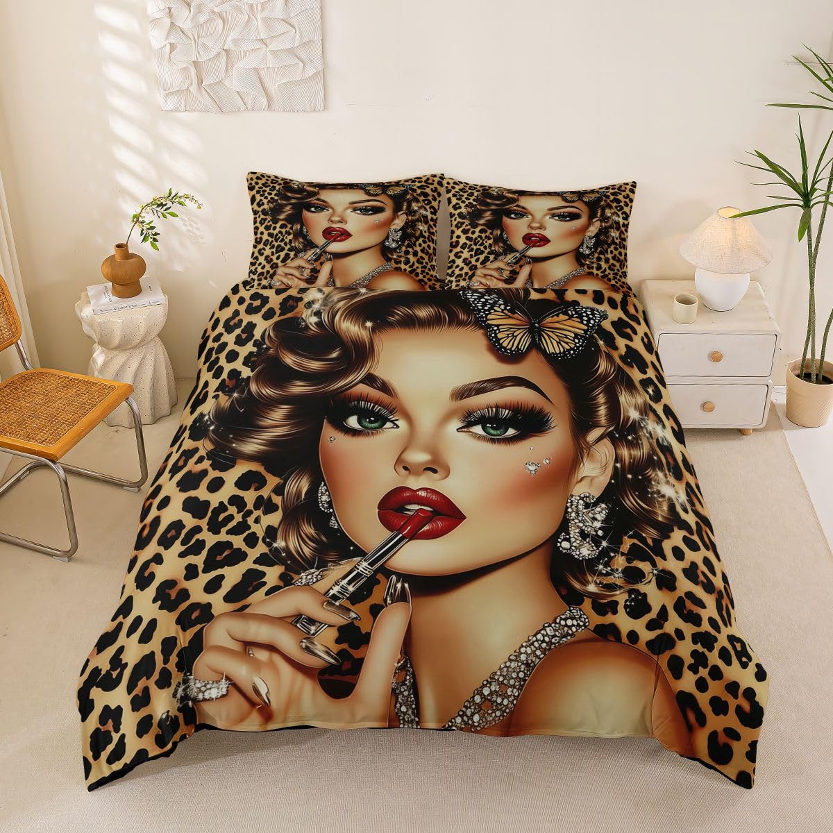 Homemissing Makeup Lady Print Duvet Cover Double Size Vintage Style Comforter Cover for Boys Girls Red Lipstick Theme Bedding Set 3Pcs Room Decor